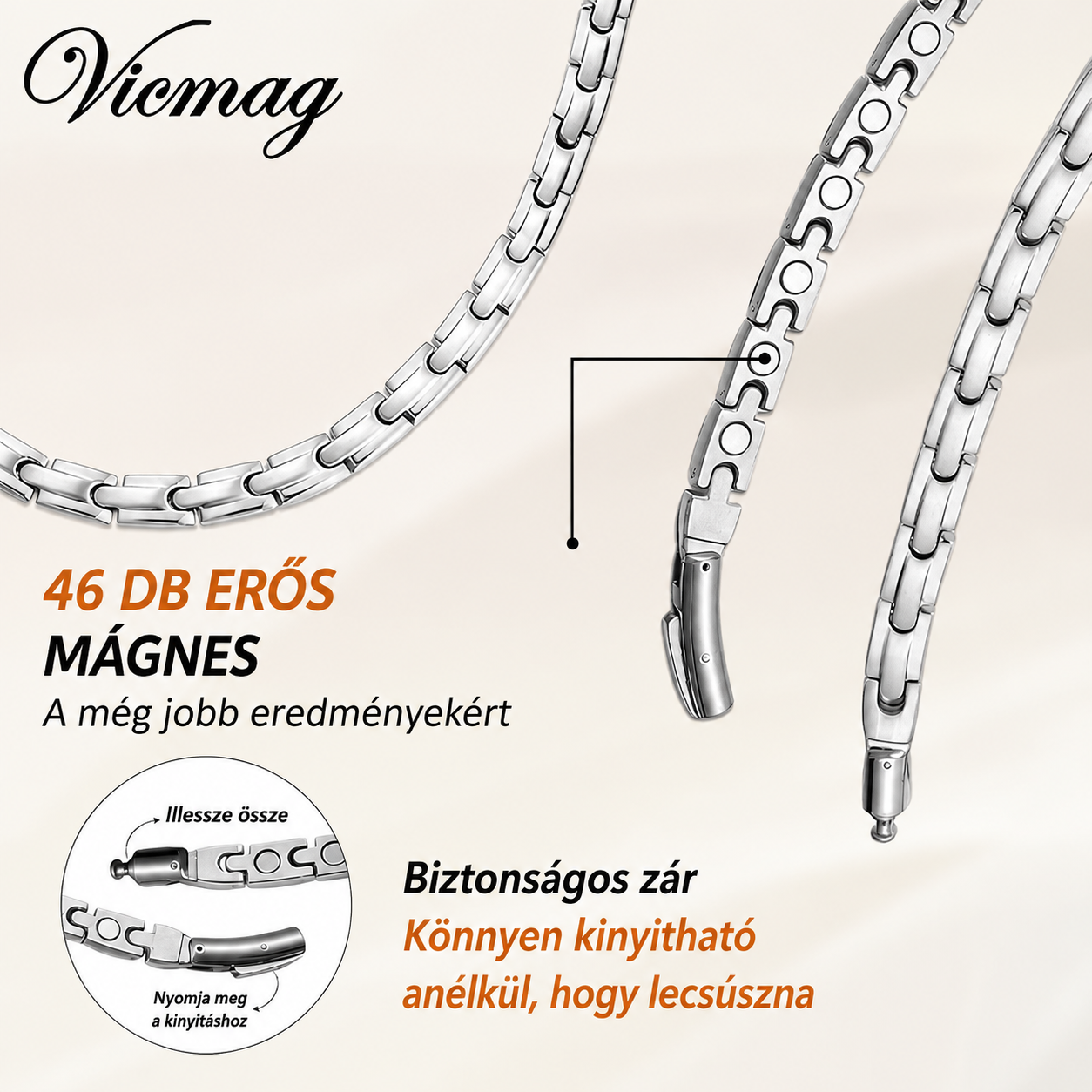 Vicmag™ – Prémium mágneses technológia a jobb közérzetért    46DB mágneses erősség, prémium rozsdamentes acél, kényelmes viselet és modern wellness támogatás egyetlen elegáns nyakláncban.