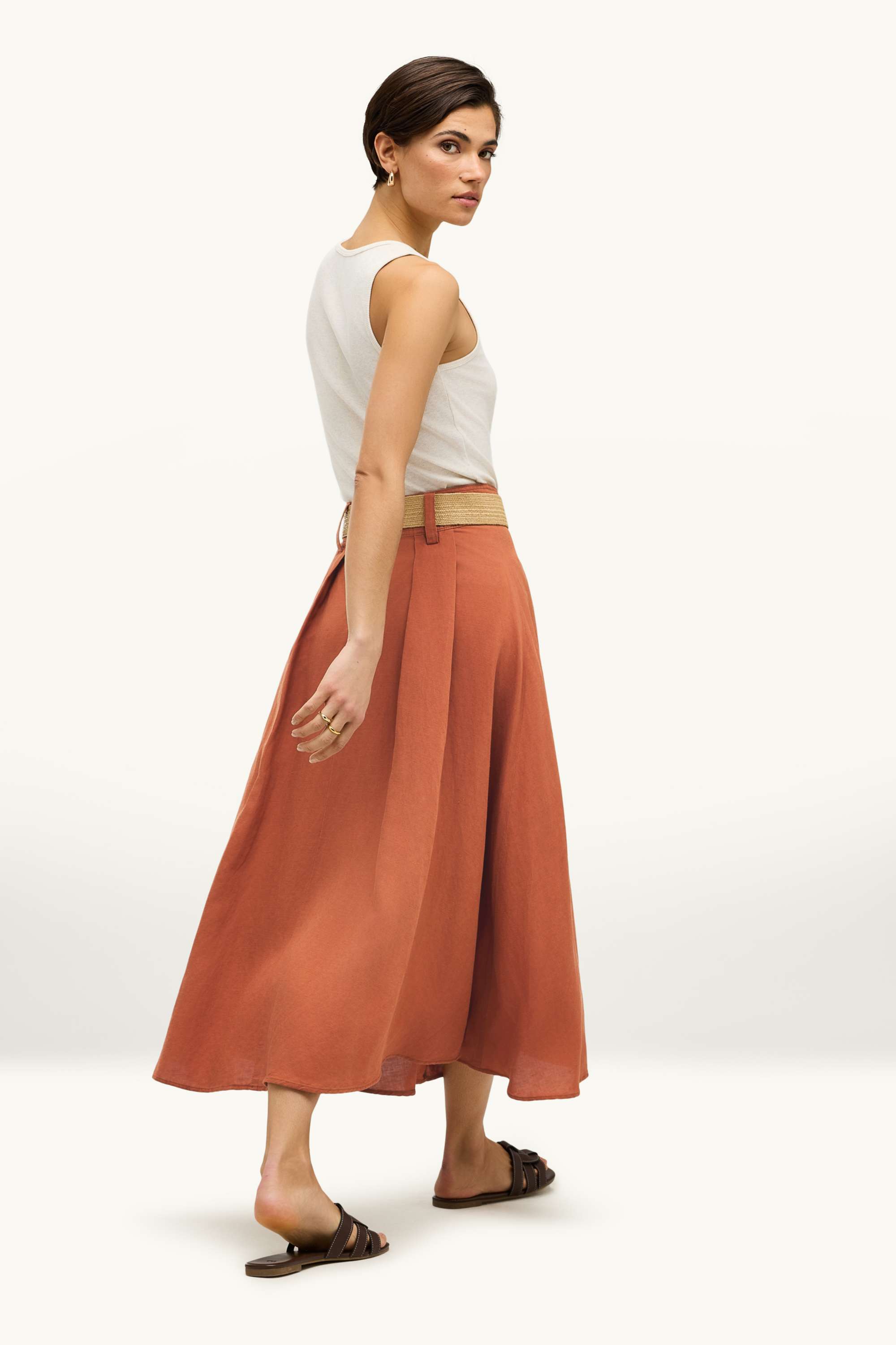 Skirt with belt - linen blend orange