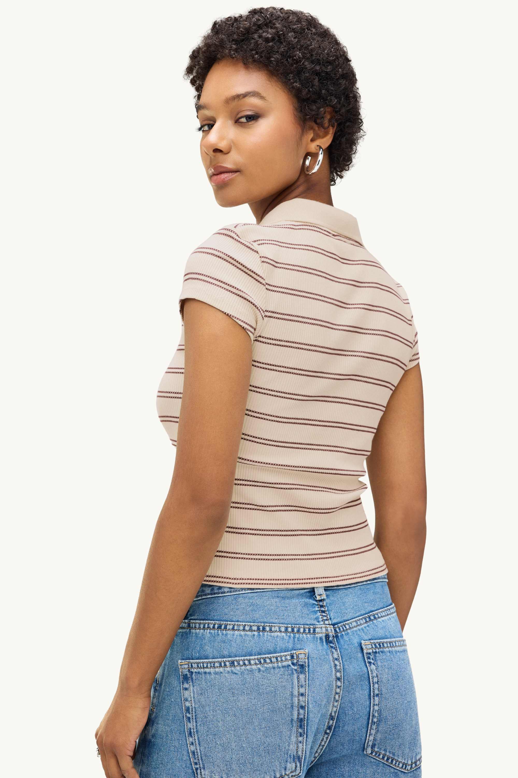 Knitted polo shirt - slim fit - ribbed - striped beige / bordeaux