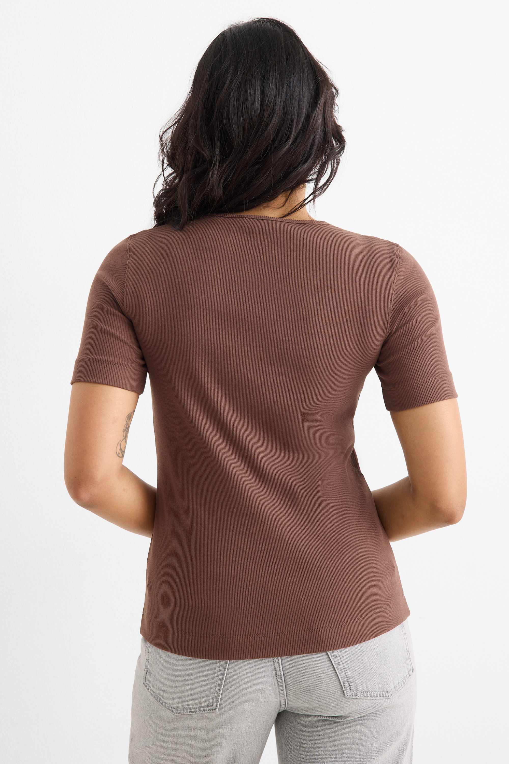 T-shirt - slim fit - ribbed brown