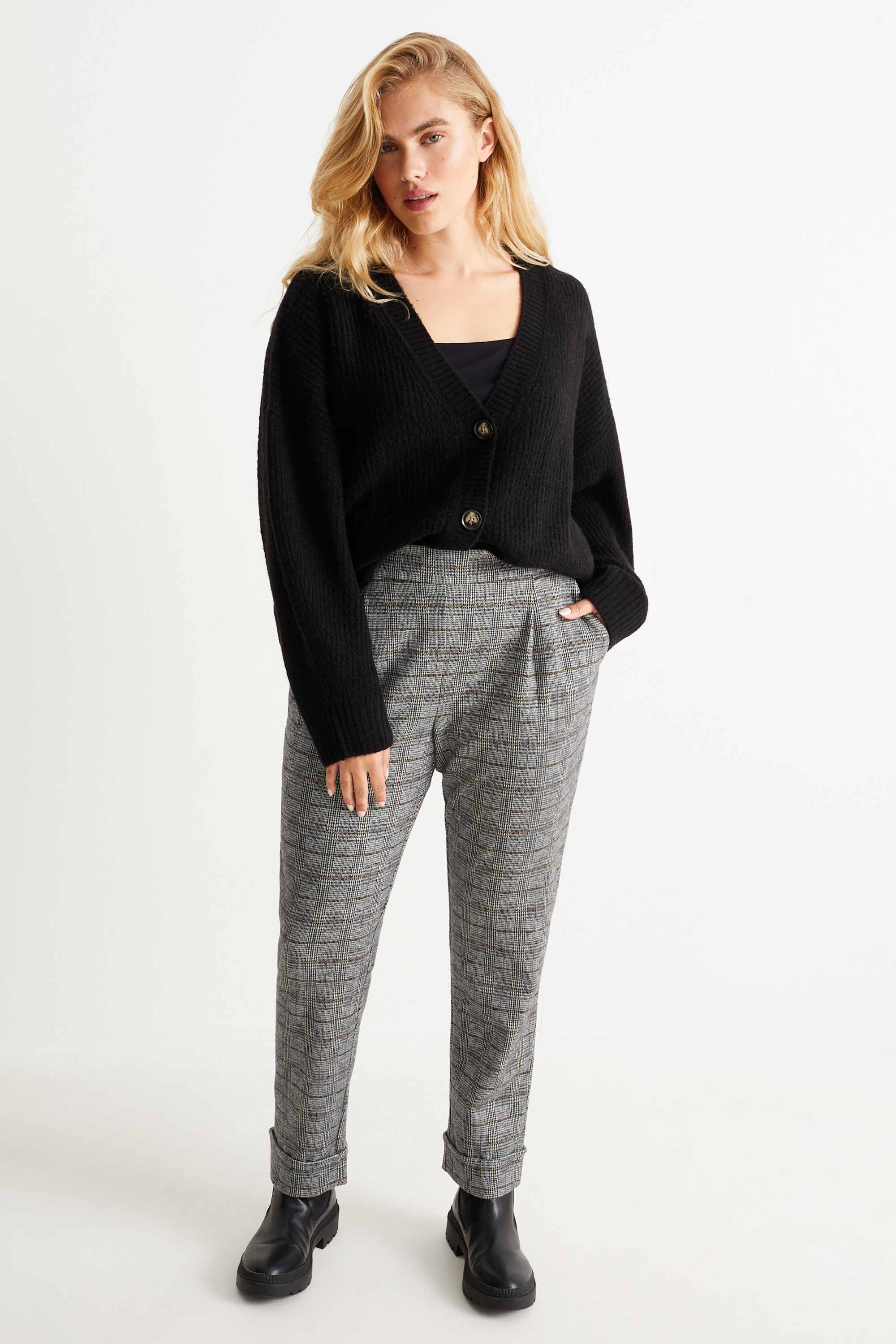 Cloth trousers - high-rise waist - tapered fit - check gray