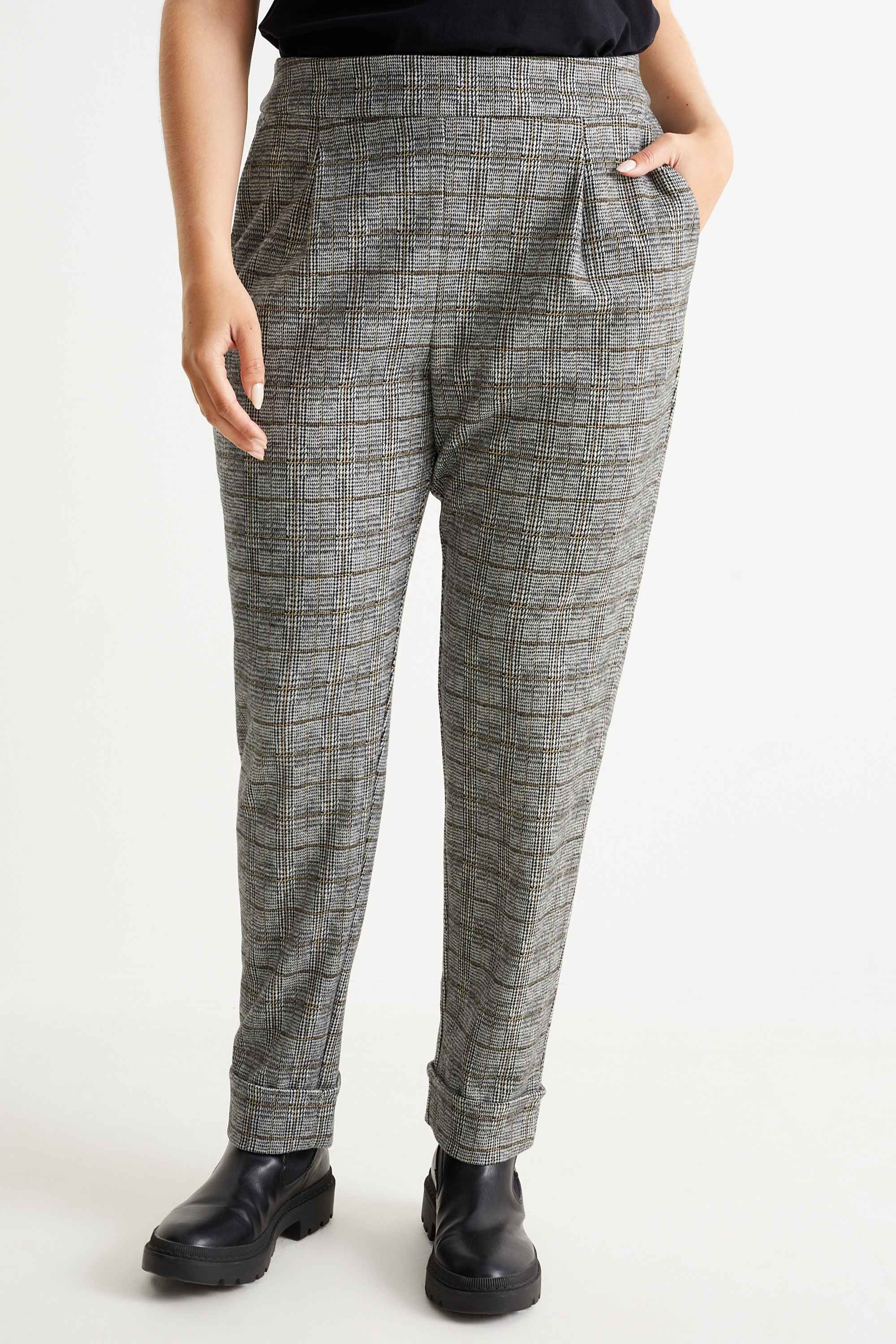Cloth trousers - high-rise waist - tapered fit - check gray