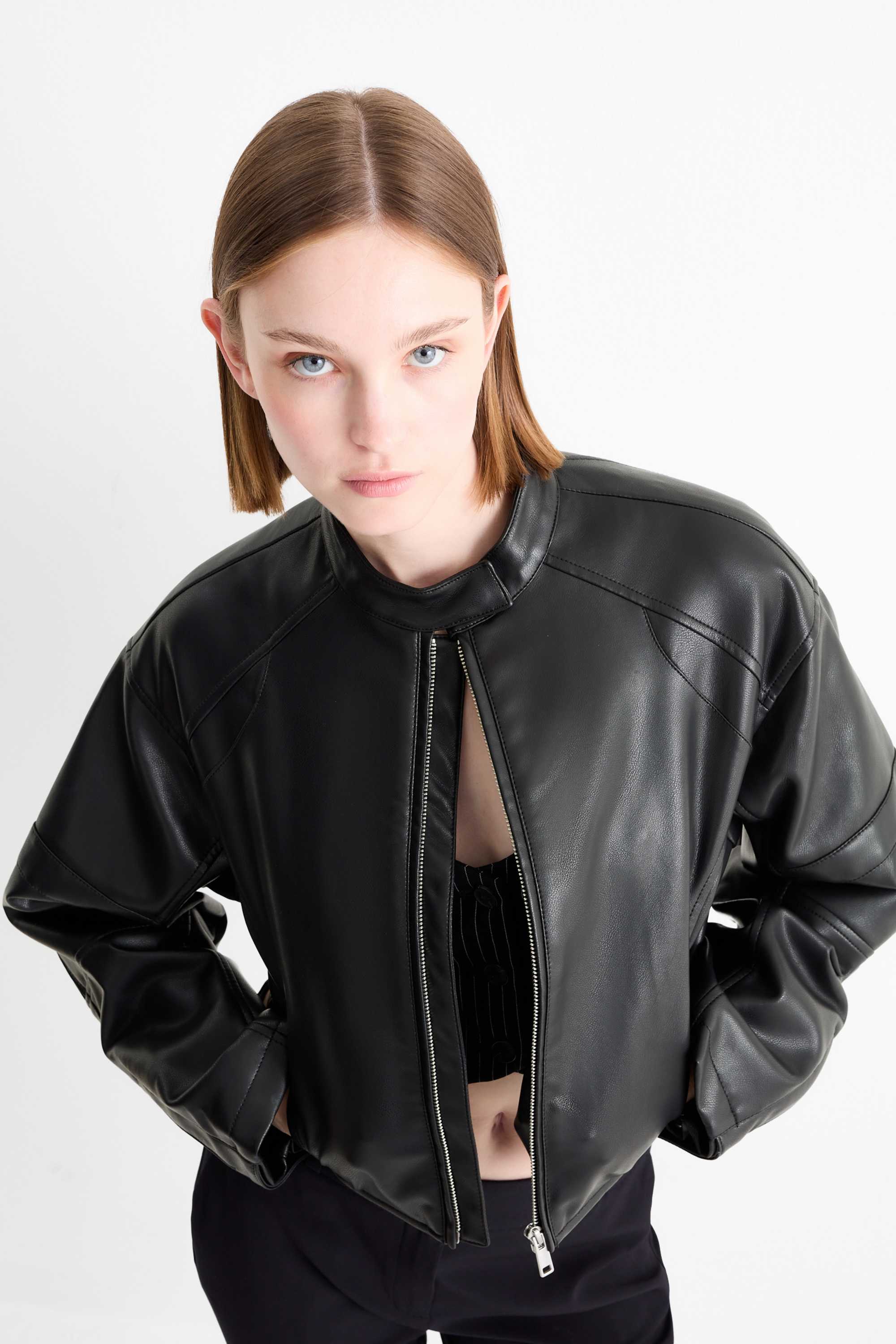 Cropped biker jacket - faux leather black