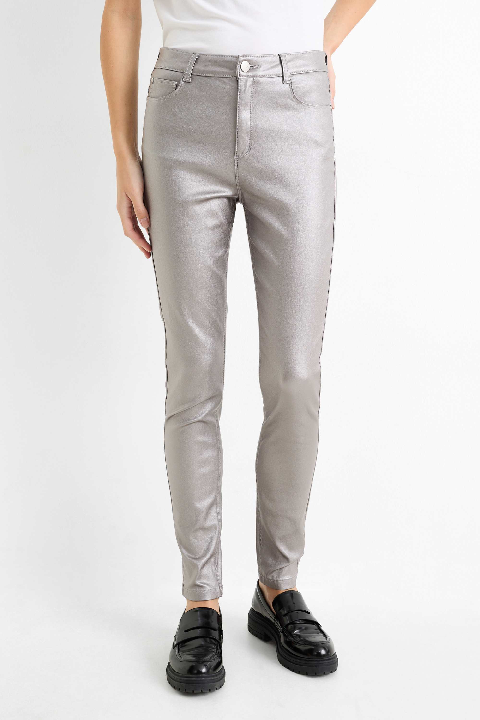 Trousers - high waist - skinny fit - shiny silver