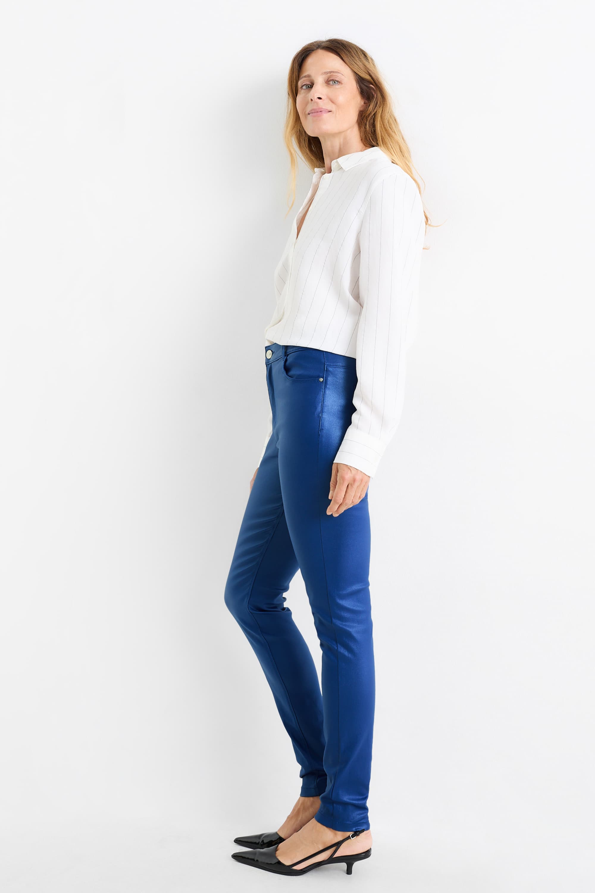 Trousers - high waist - skinny fit - shiny dark blue (6)