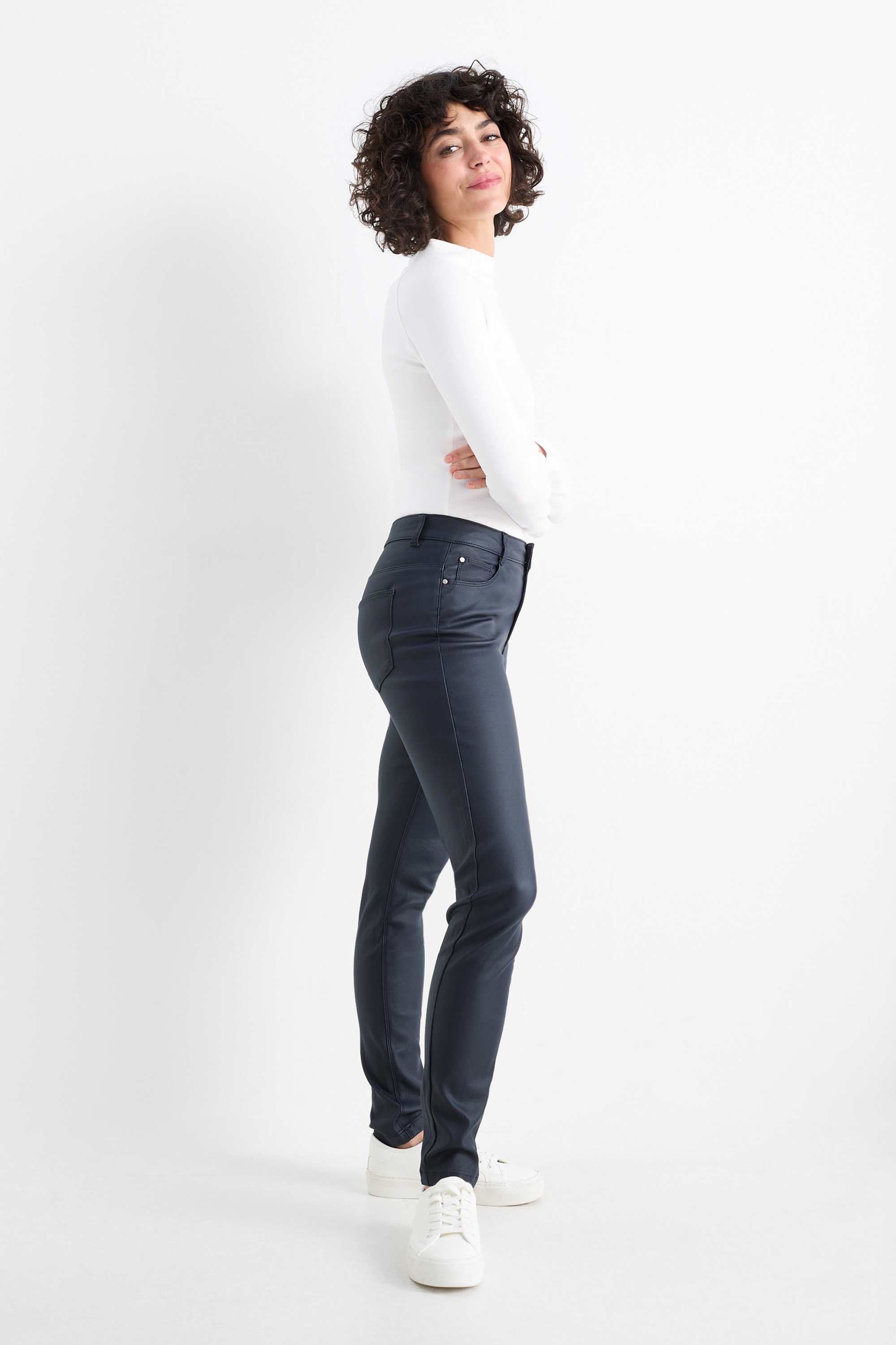 Trousers - high waist - skinny fit - shiny dark blue (7)