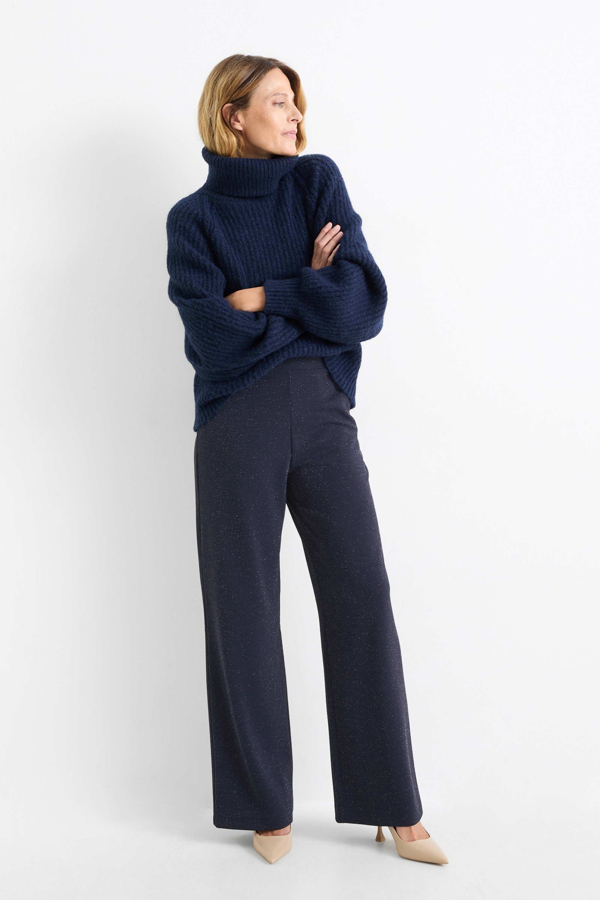 Jersey trousers - mid-rise waist - wide leg dark blue