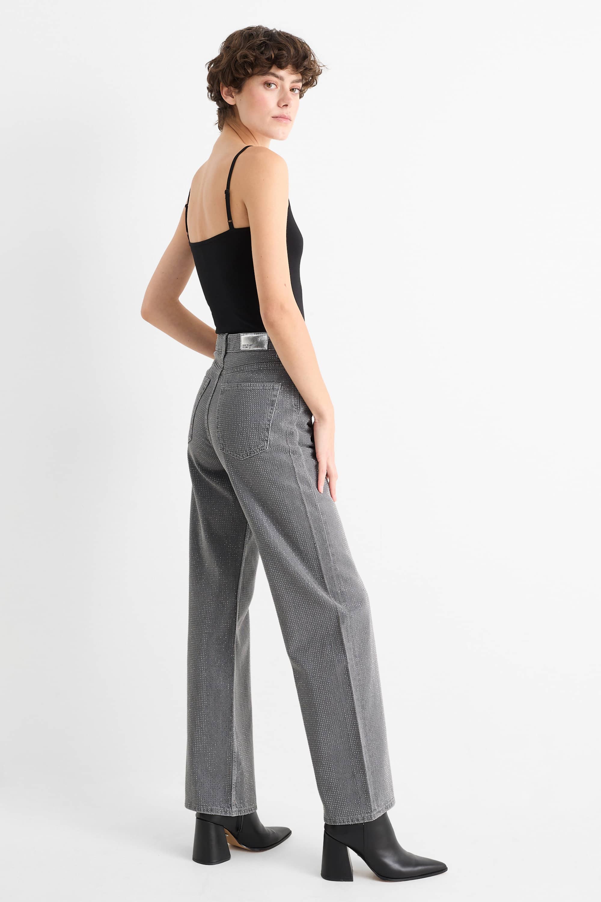 Loose fit jeans with rhinestones - high waist gray