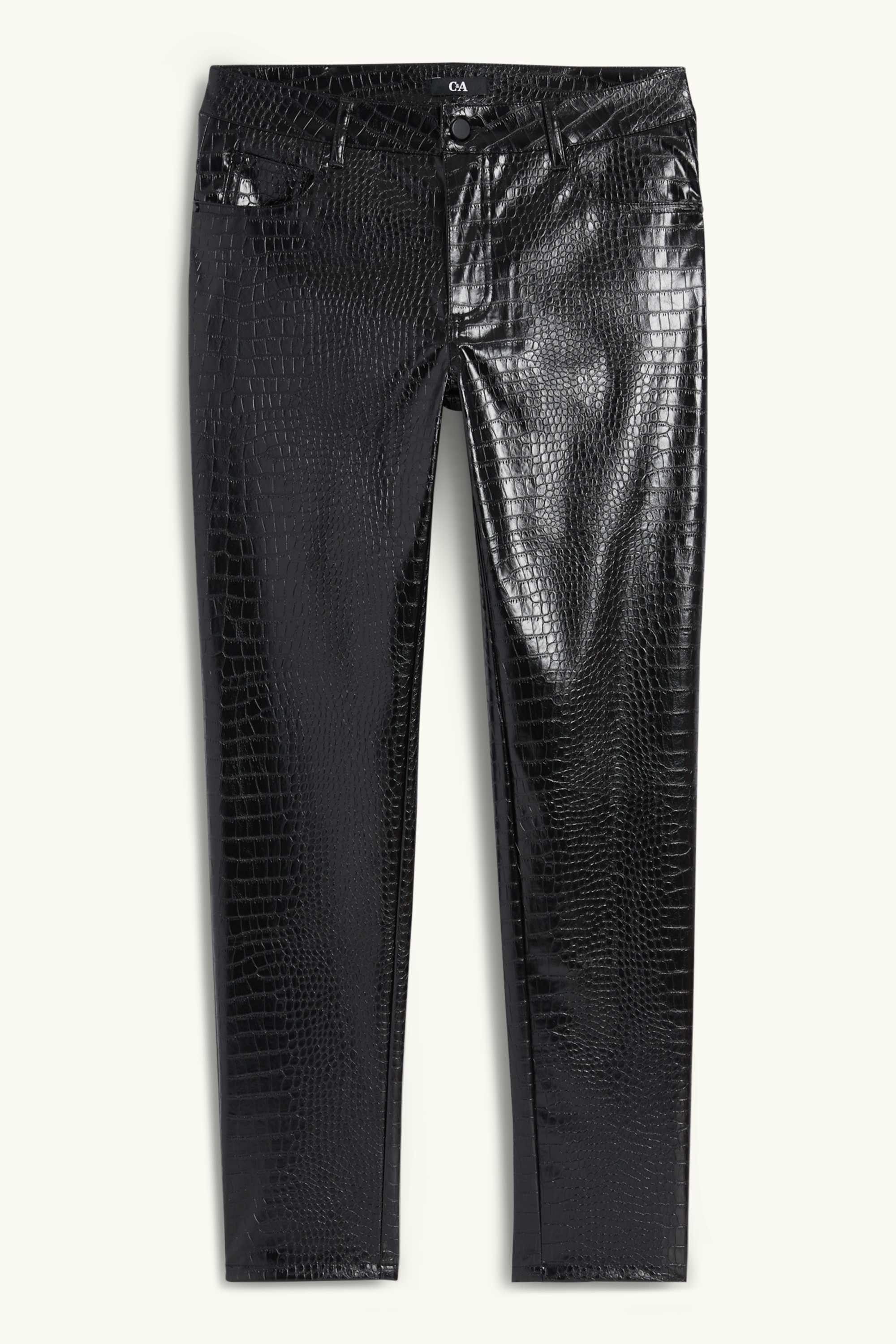 Trousers - mid-rise waist - slim fit - faux leather black
