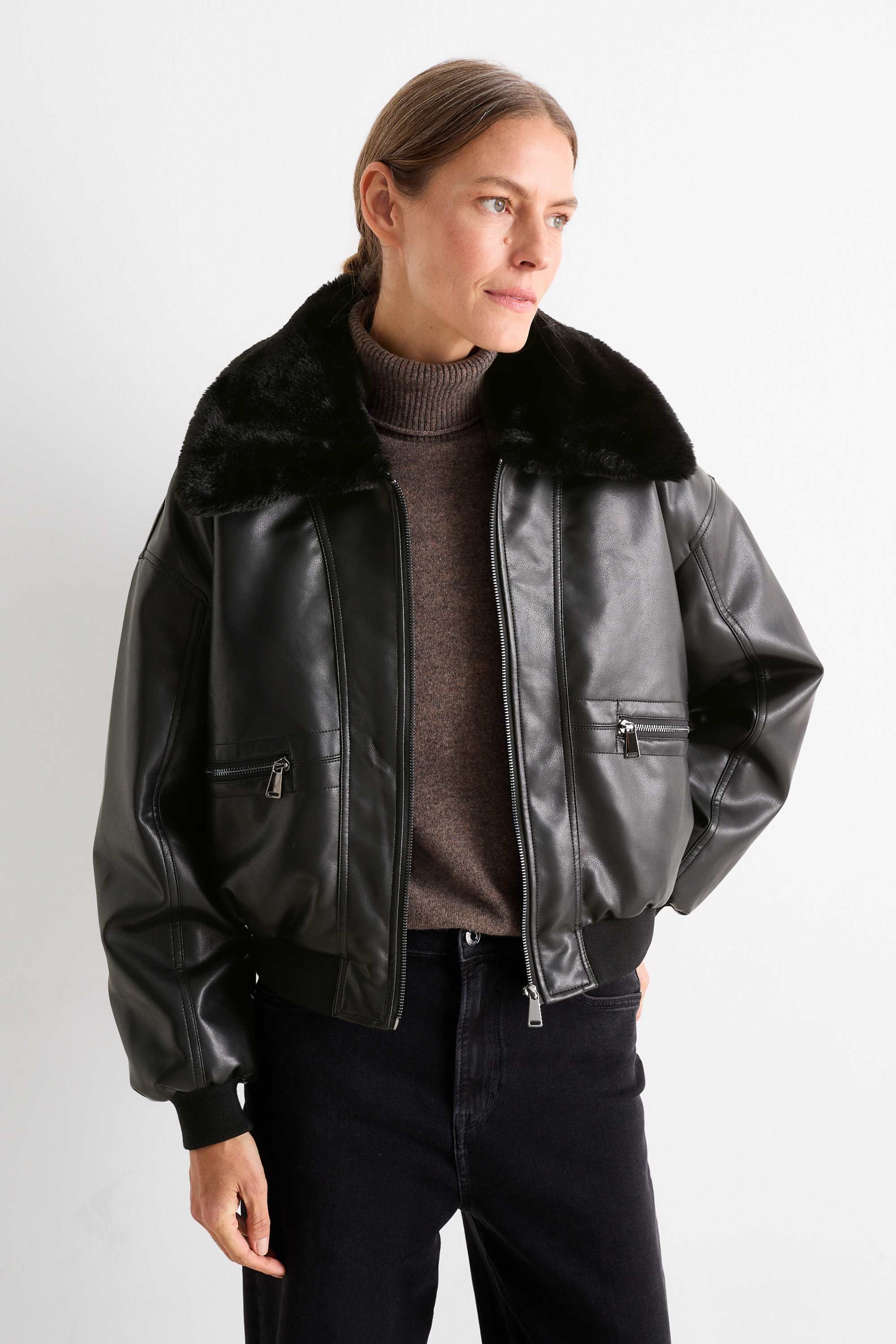 Bomber jacket with faux fur trim - faux leather black