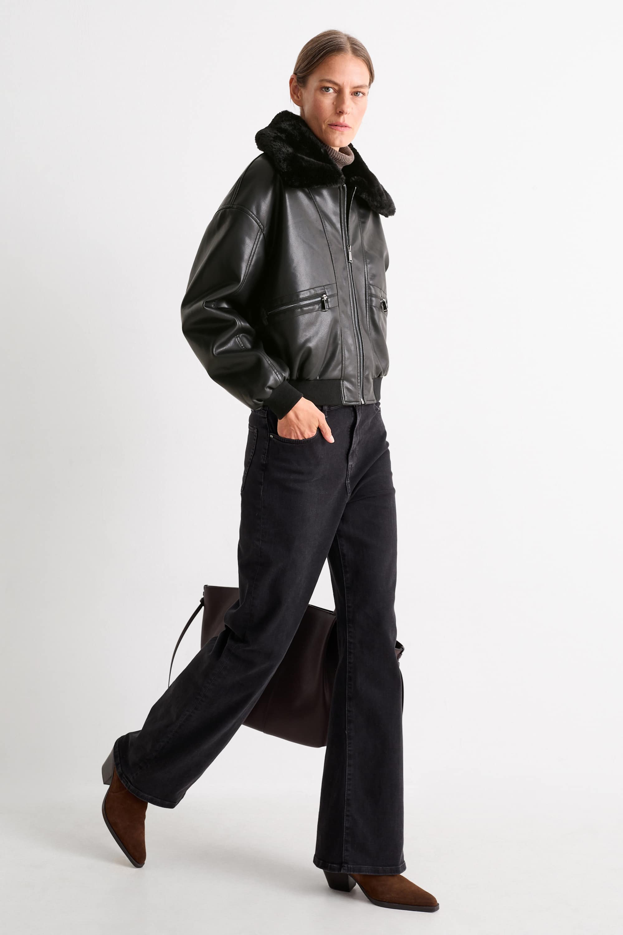 Bomber jacket with faux fur trim - faux leather black