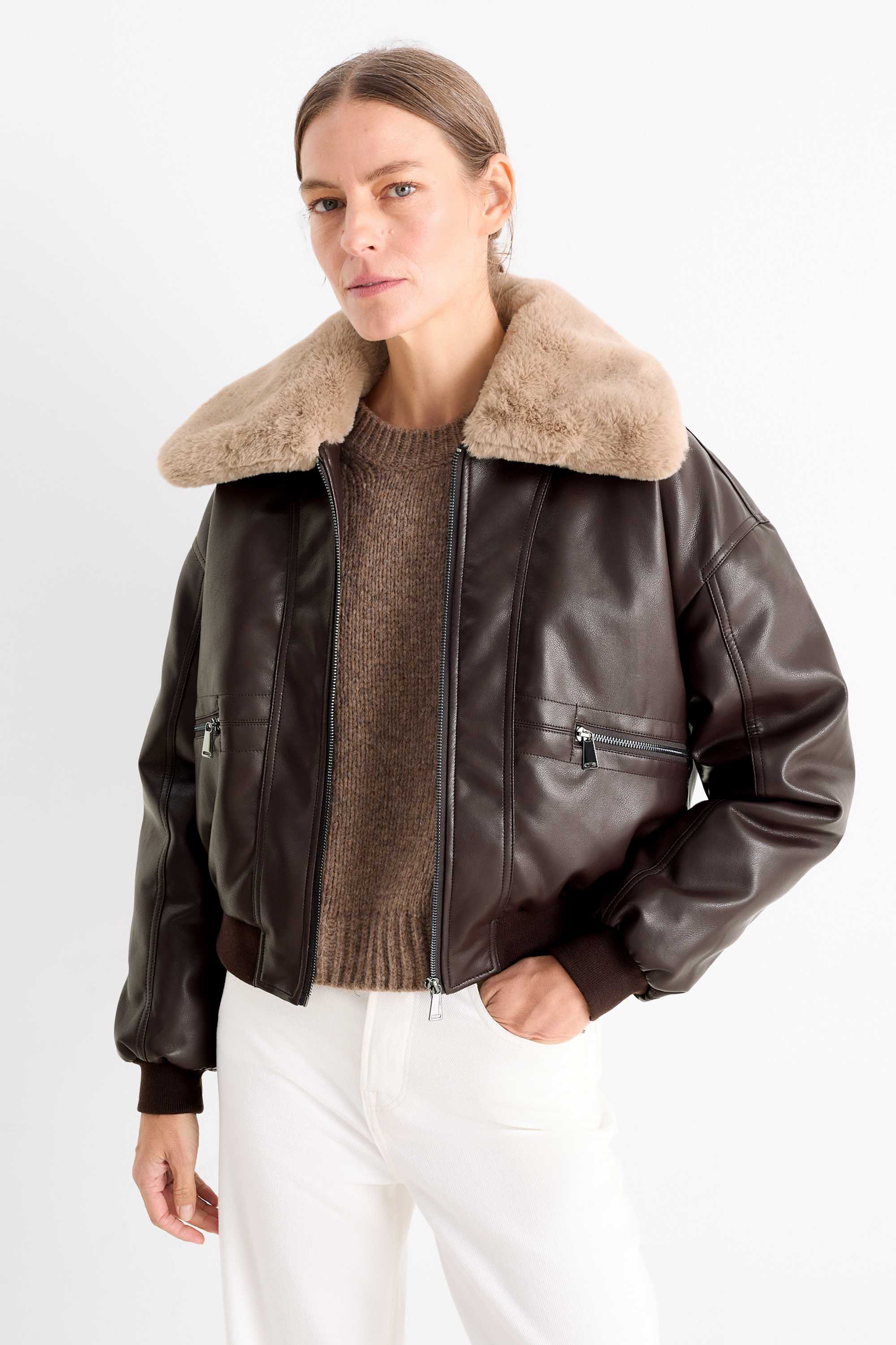 Bomber jacket with faux fur trim - faux leather dark brown