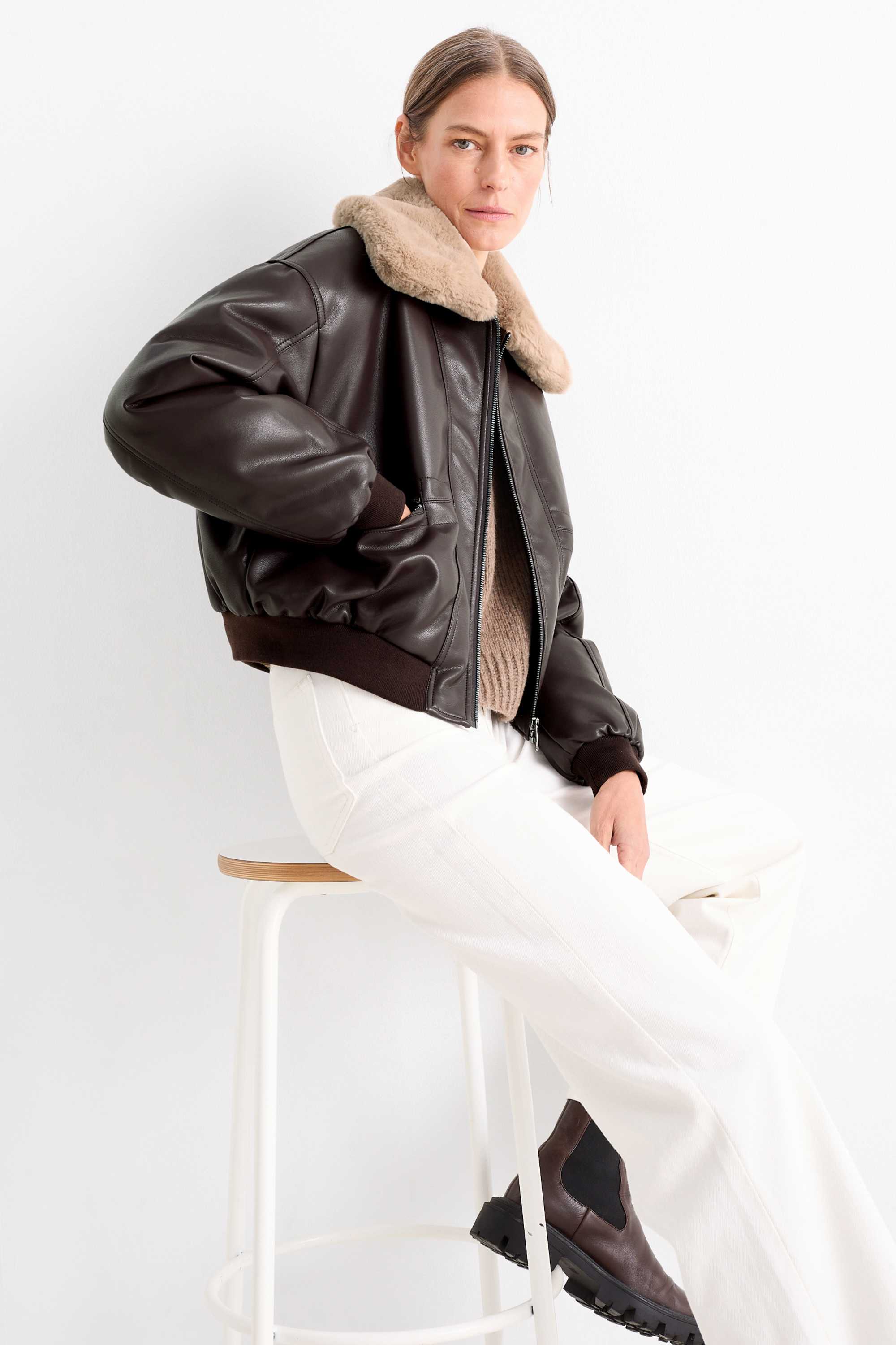 Bomber jacket with faux fur trim - faux leather dark brown