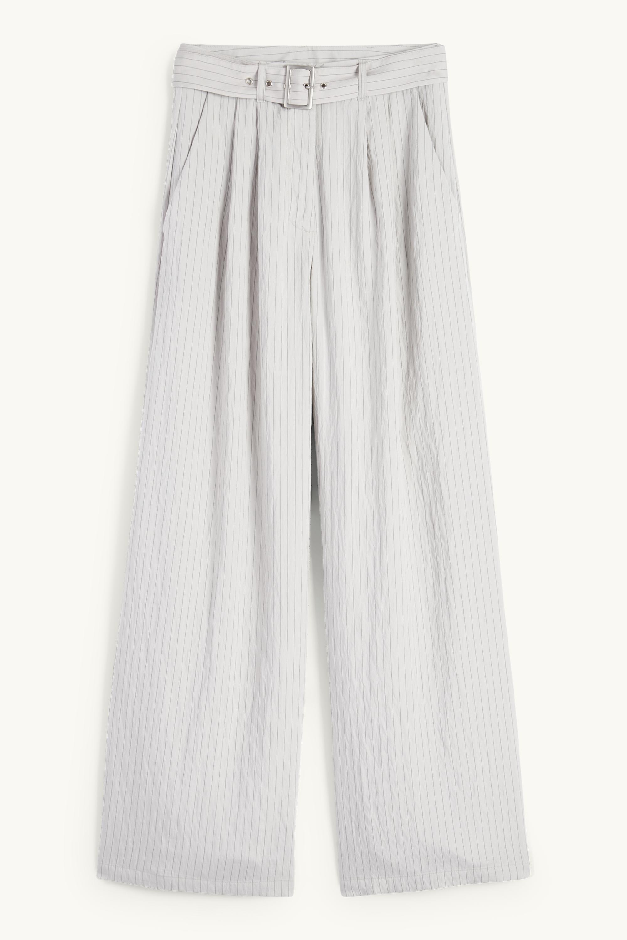 Cloth trousers with belt - high-rise waist - wide leg - pinstripes light gray