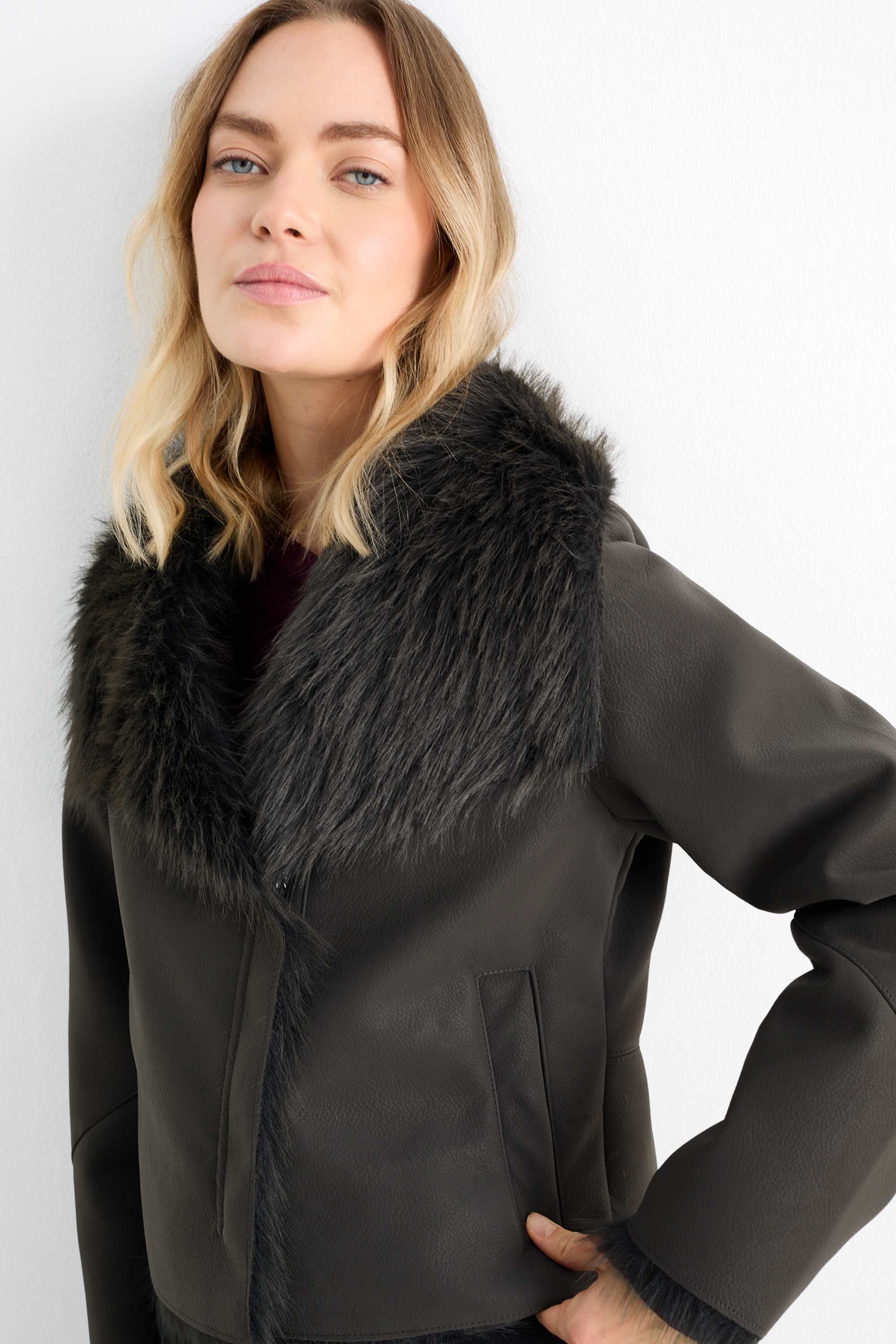 Faux shearling jacket - faux leather dark gray