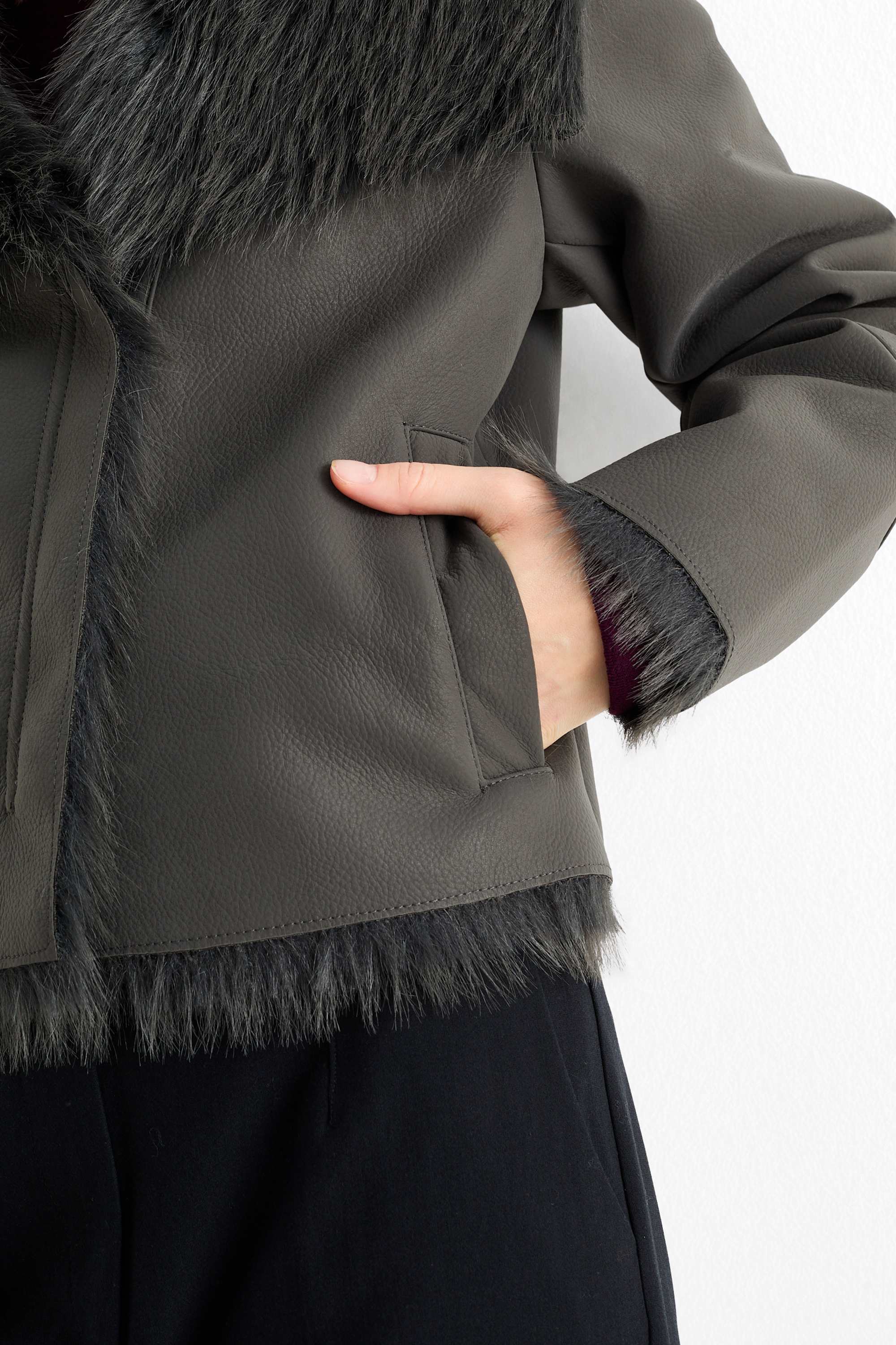 Faux shearling jacket - faux leather dark gray
