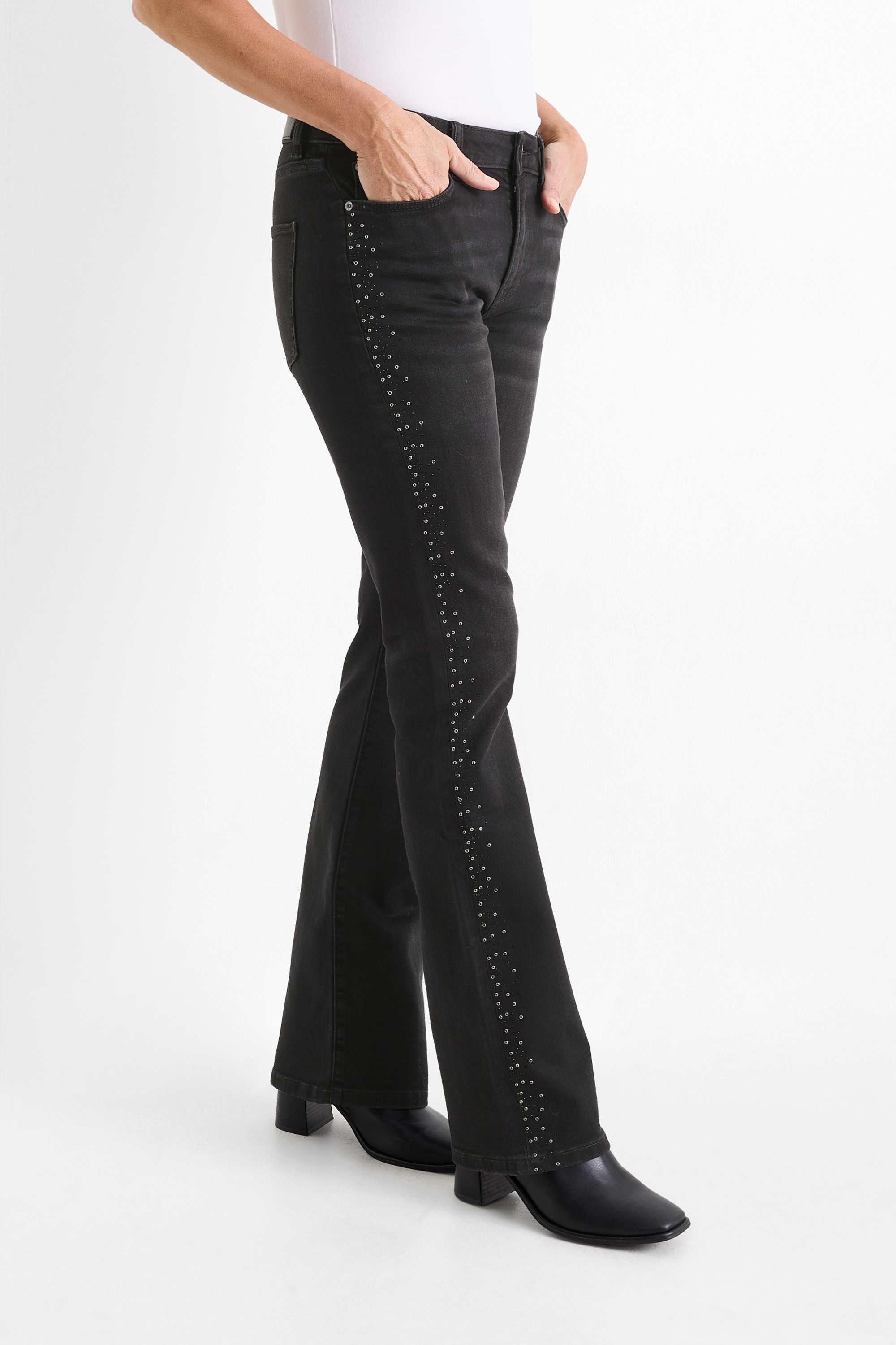 Bootcut jeans with rhinestones - mid-rise waist denim-dark gray