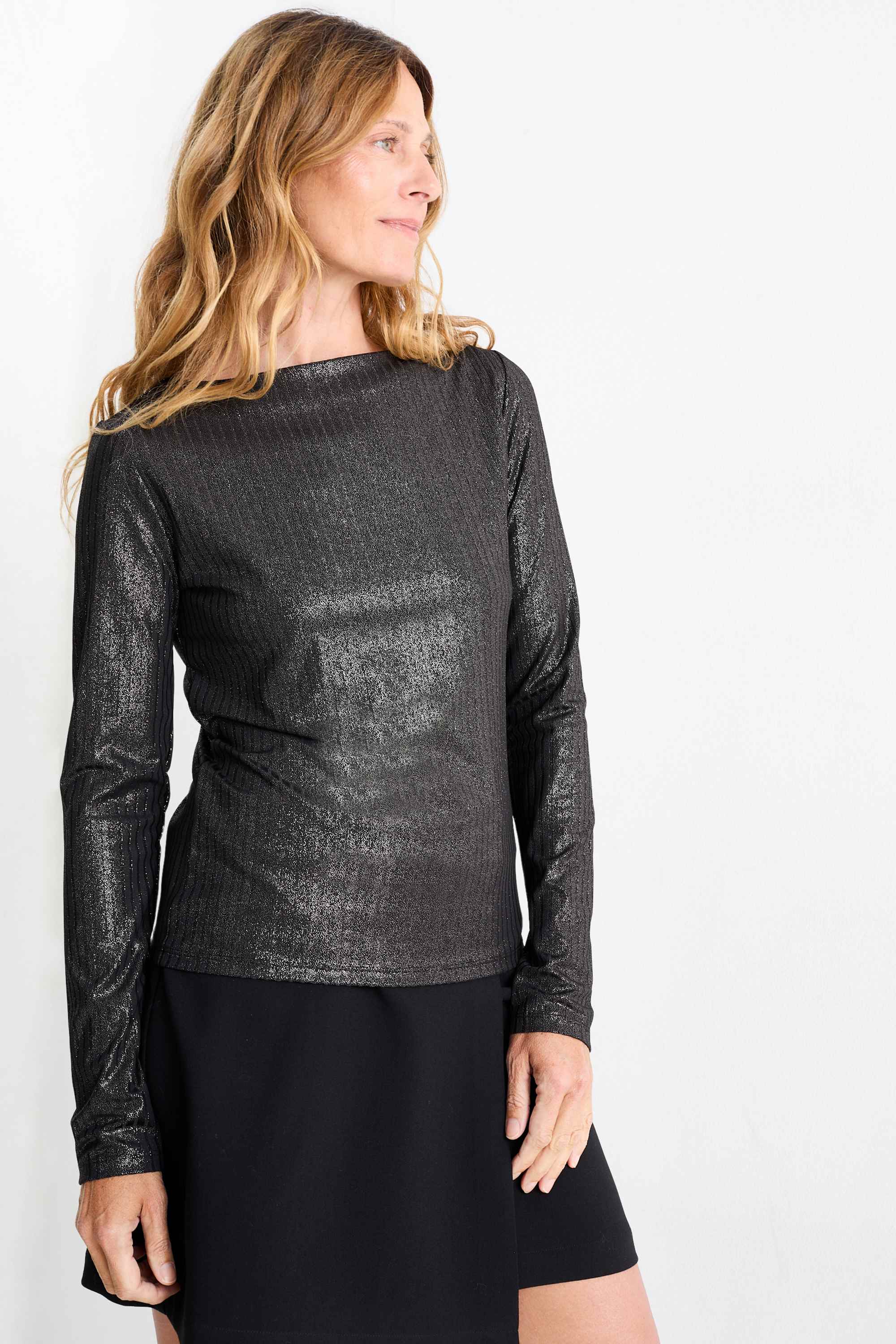 Long sleeve top - ribbed - shiny black