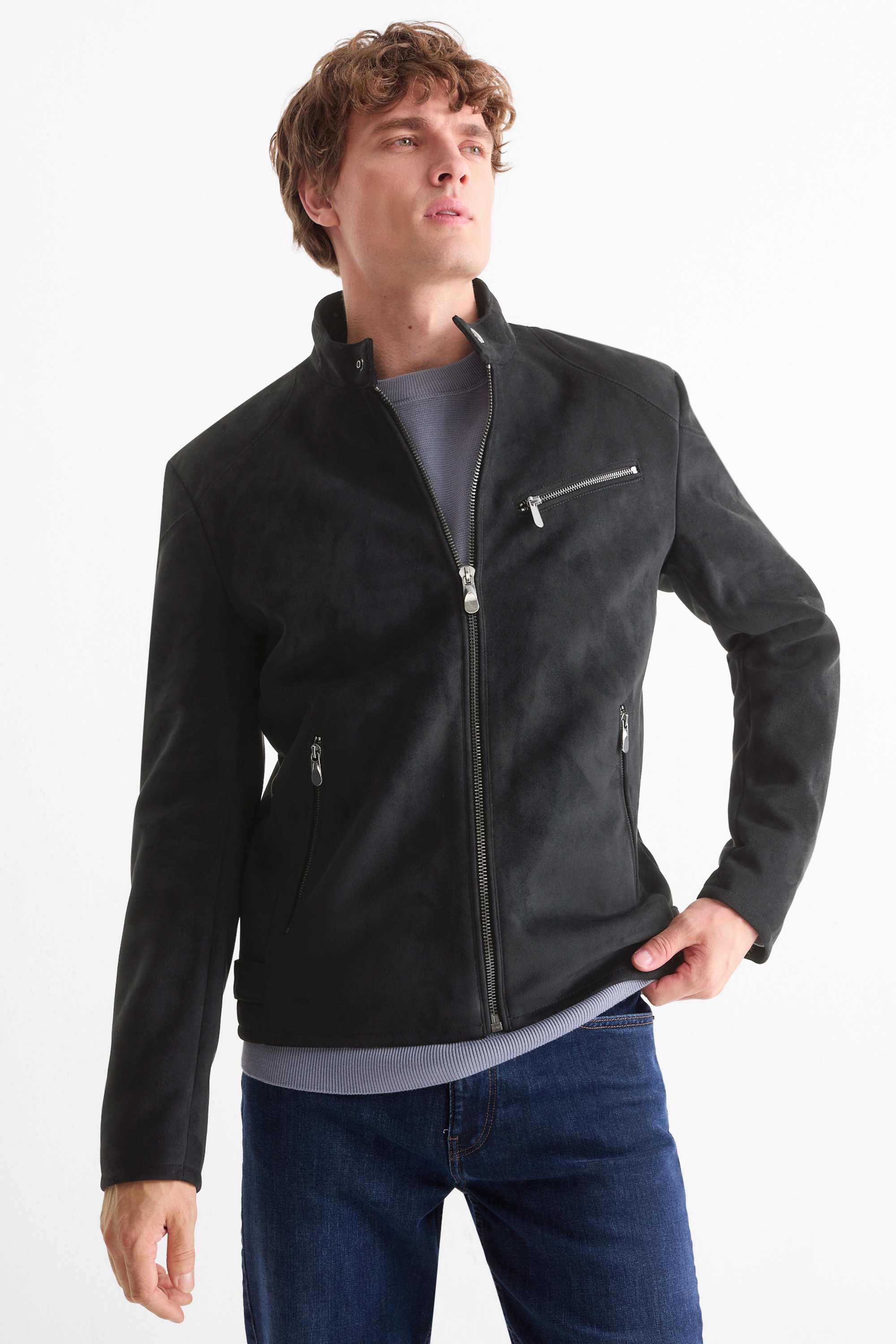 Biker jacket - faux suede black