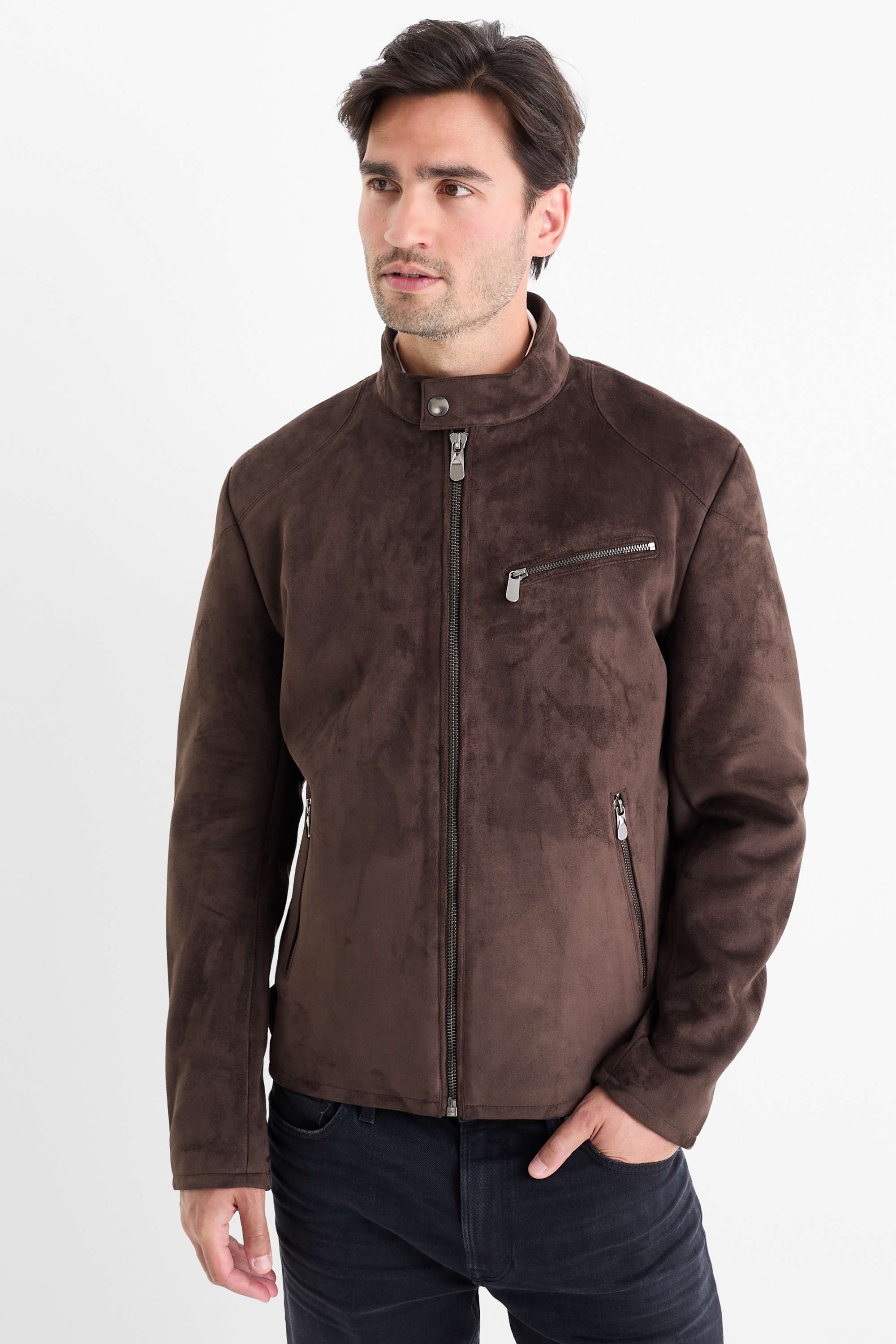 Biker jacket - faux suede dark brown
