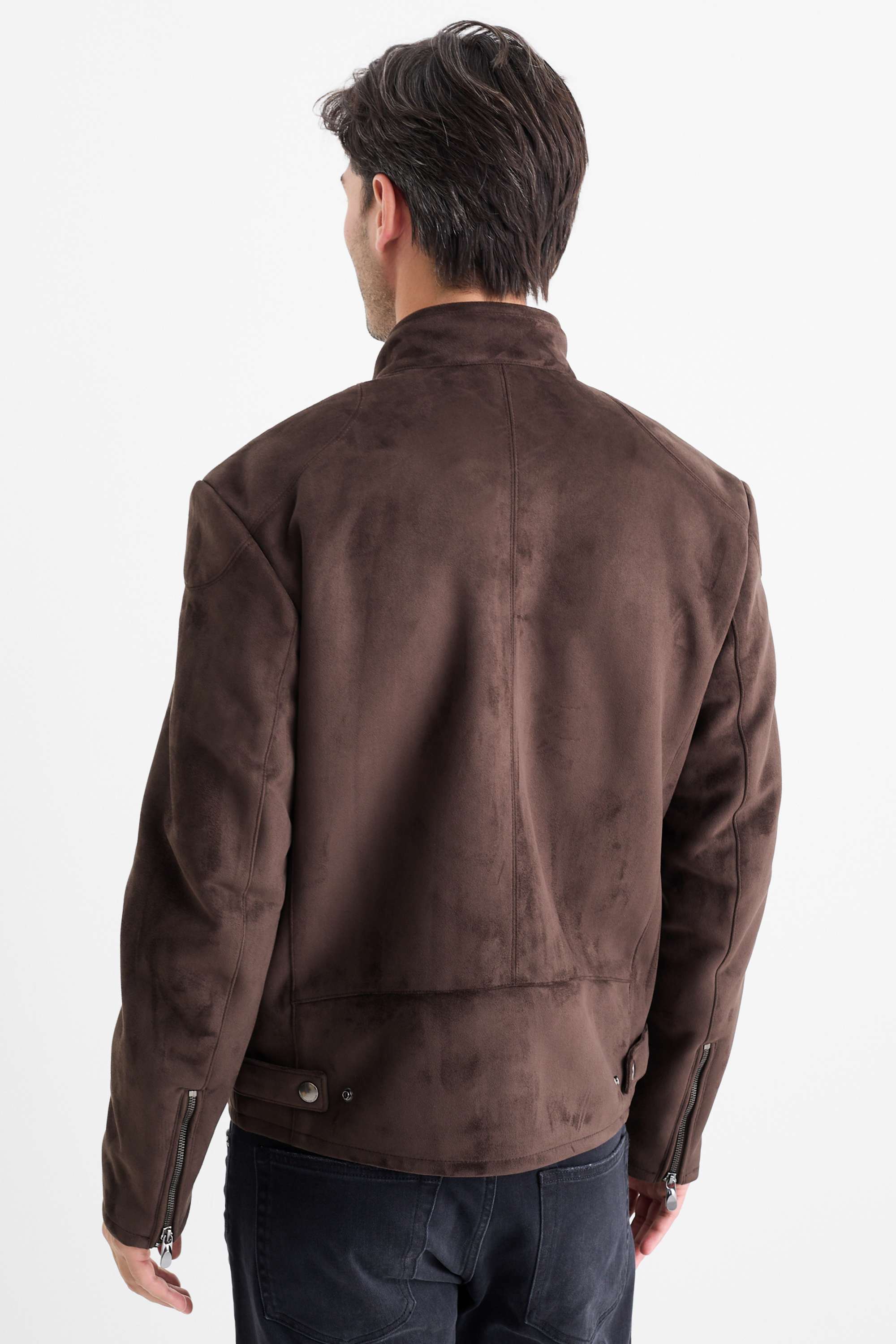 Biker jacket - faux suede dark brown