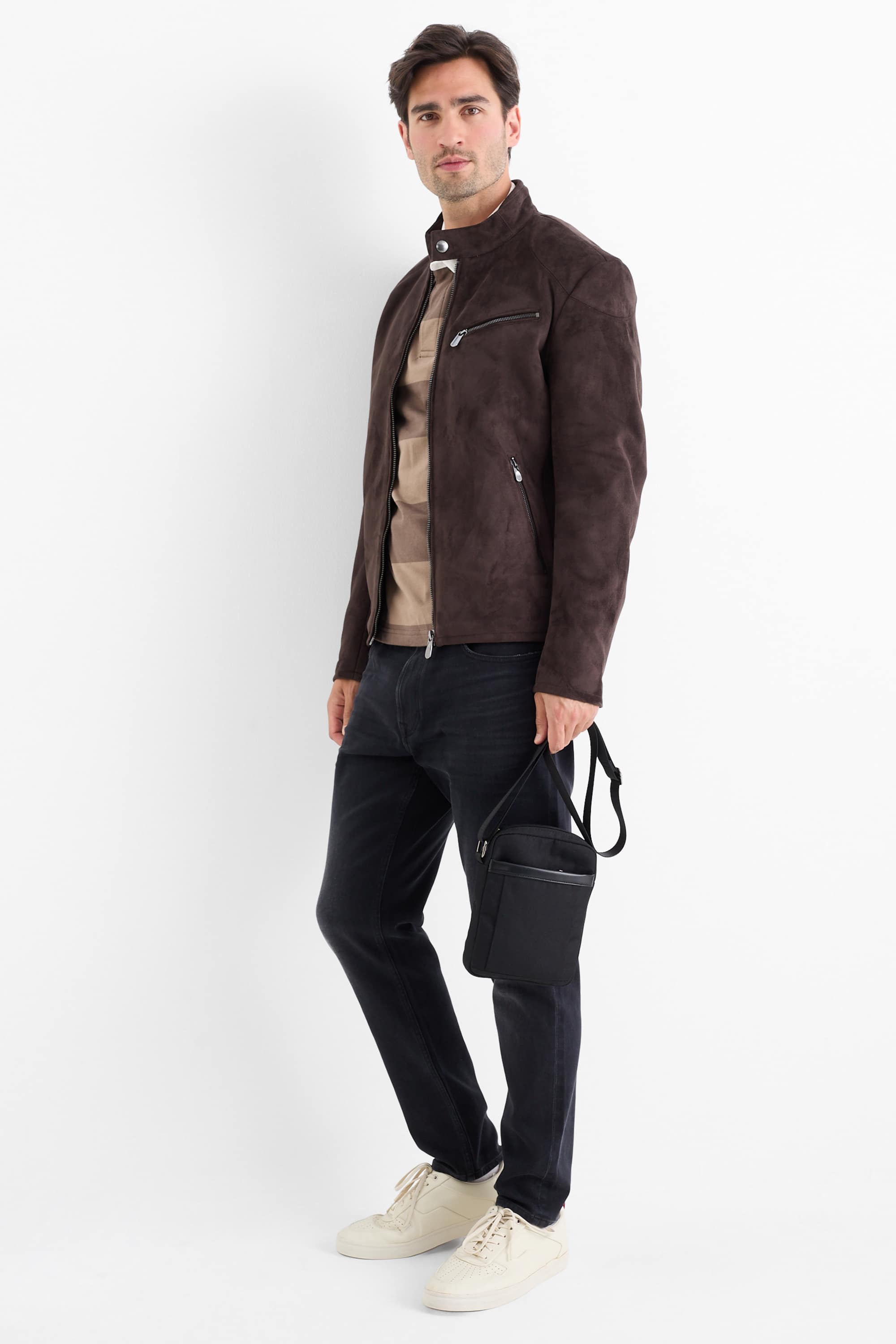 Biker jacket - faux suede dark brown