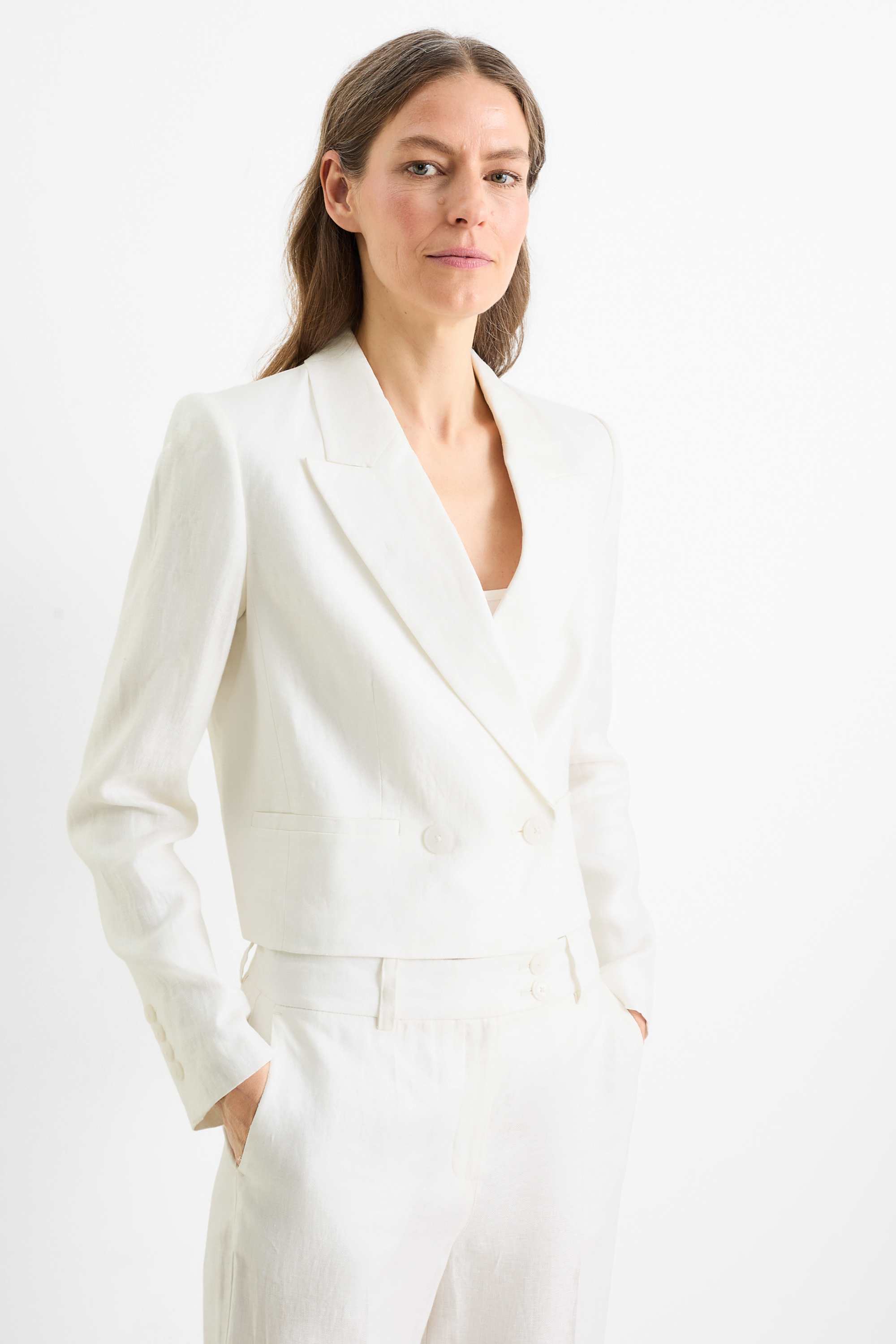 Cropped linen blazer- regular fit cremewhite