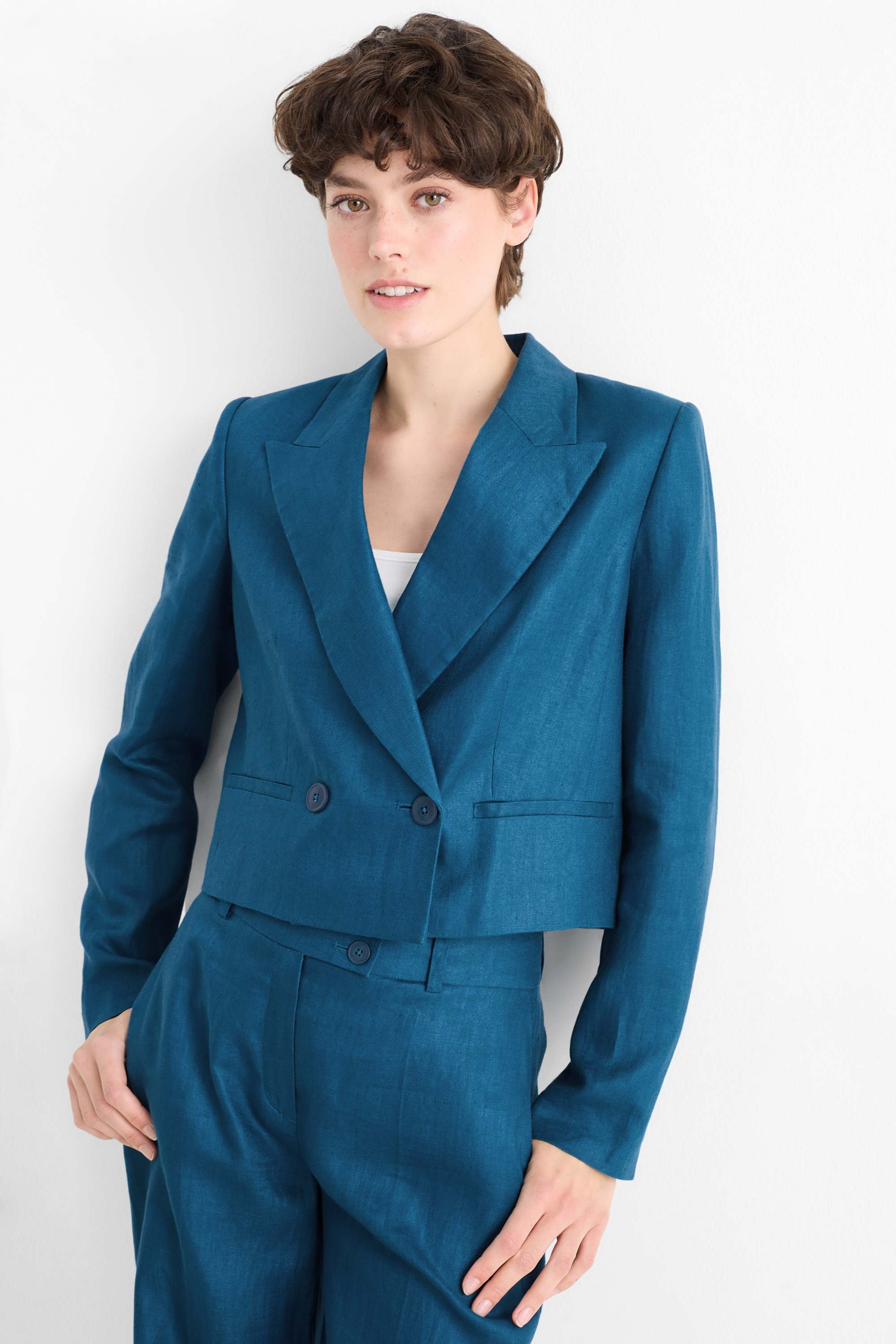 Cropped linen blazer- regular fit petrol