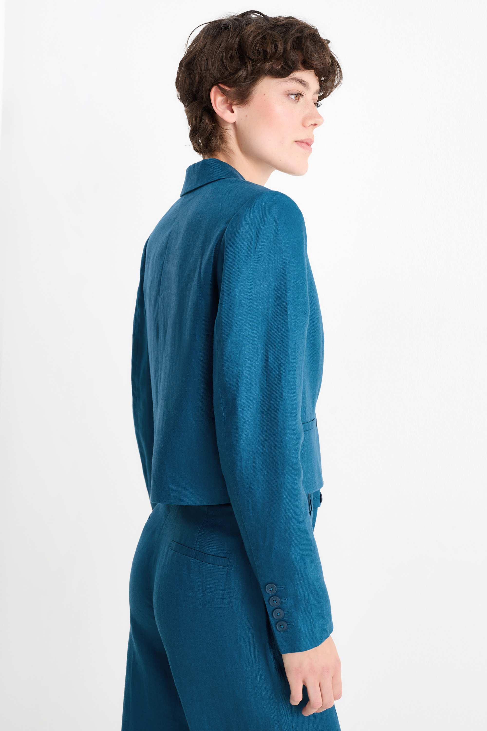 Cropped linen blazer- regular fit petrol