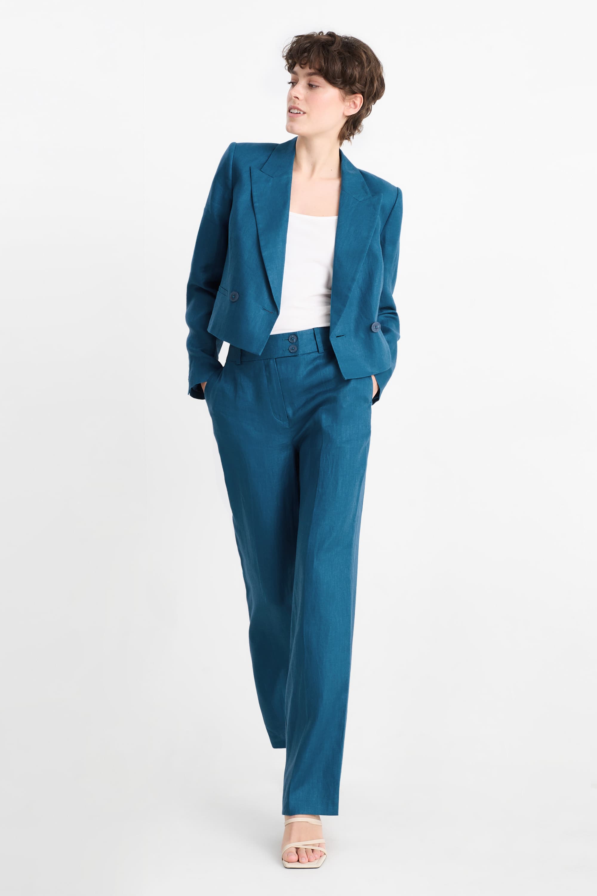 Cropped linen blazer- regular fit petrol