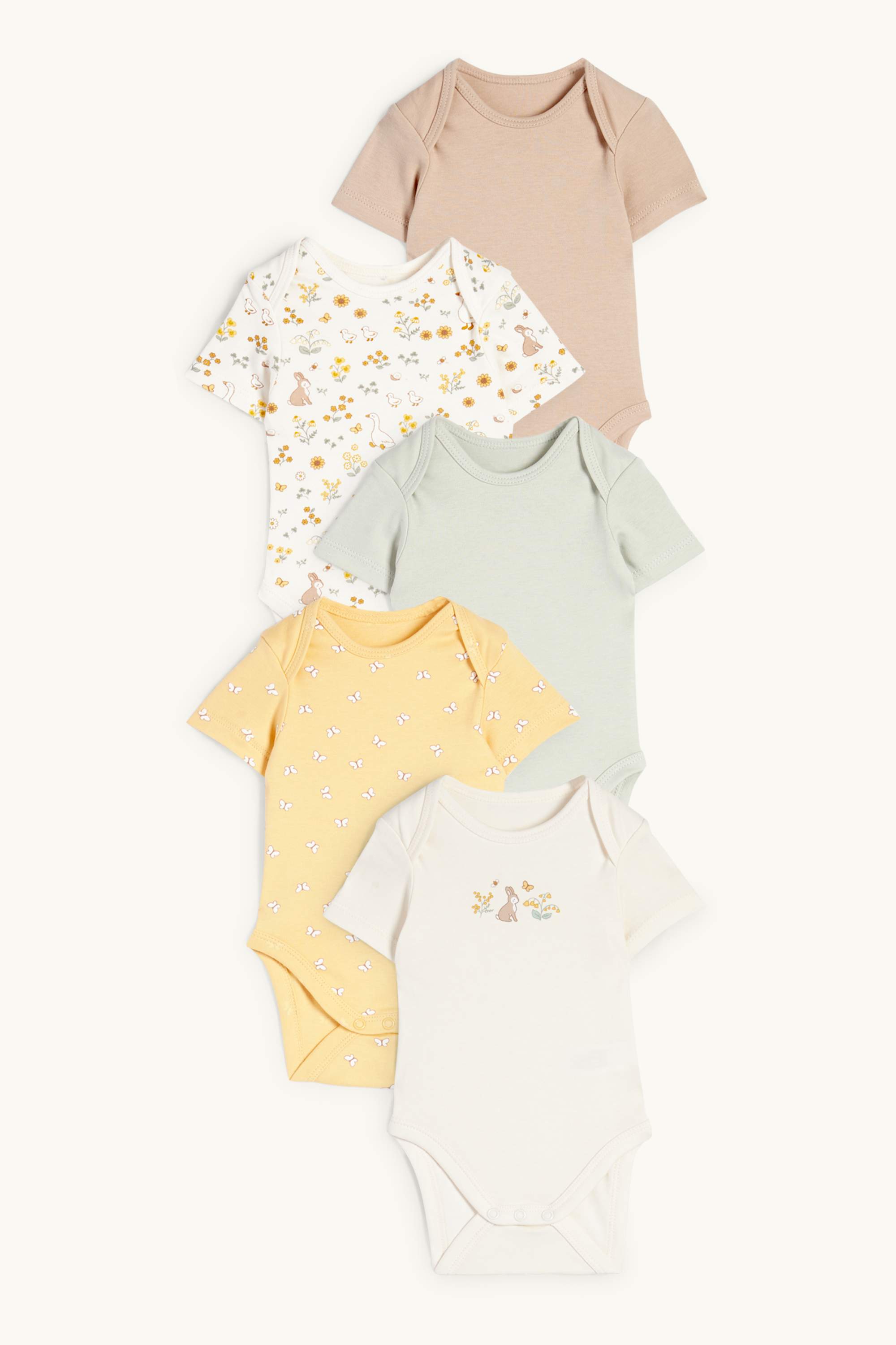 Multipack of 5 - bunny rabbit and butterfly - baby bodysuit beige