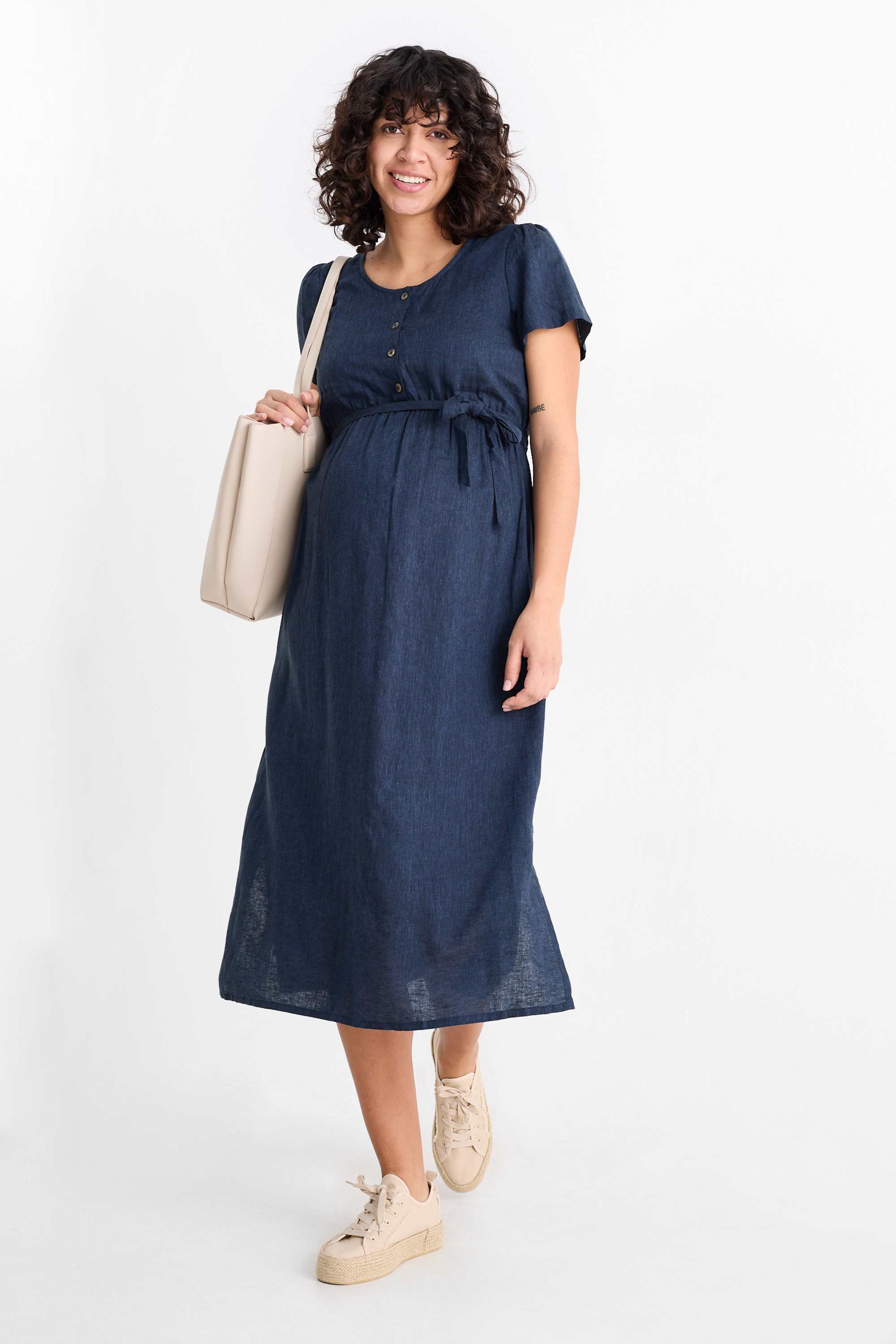 Nursing dress - linen blend dark blue