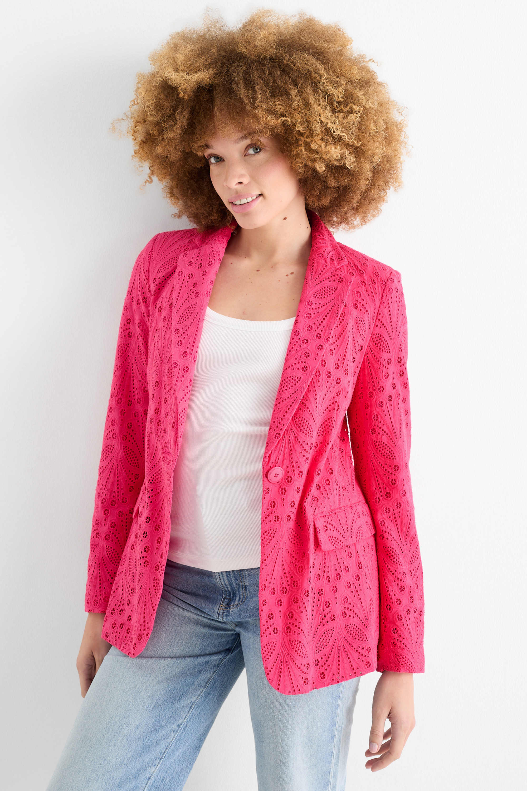 Long blazer - regular fit - broderie anglaise pink