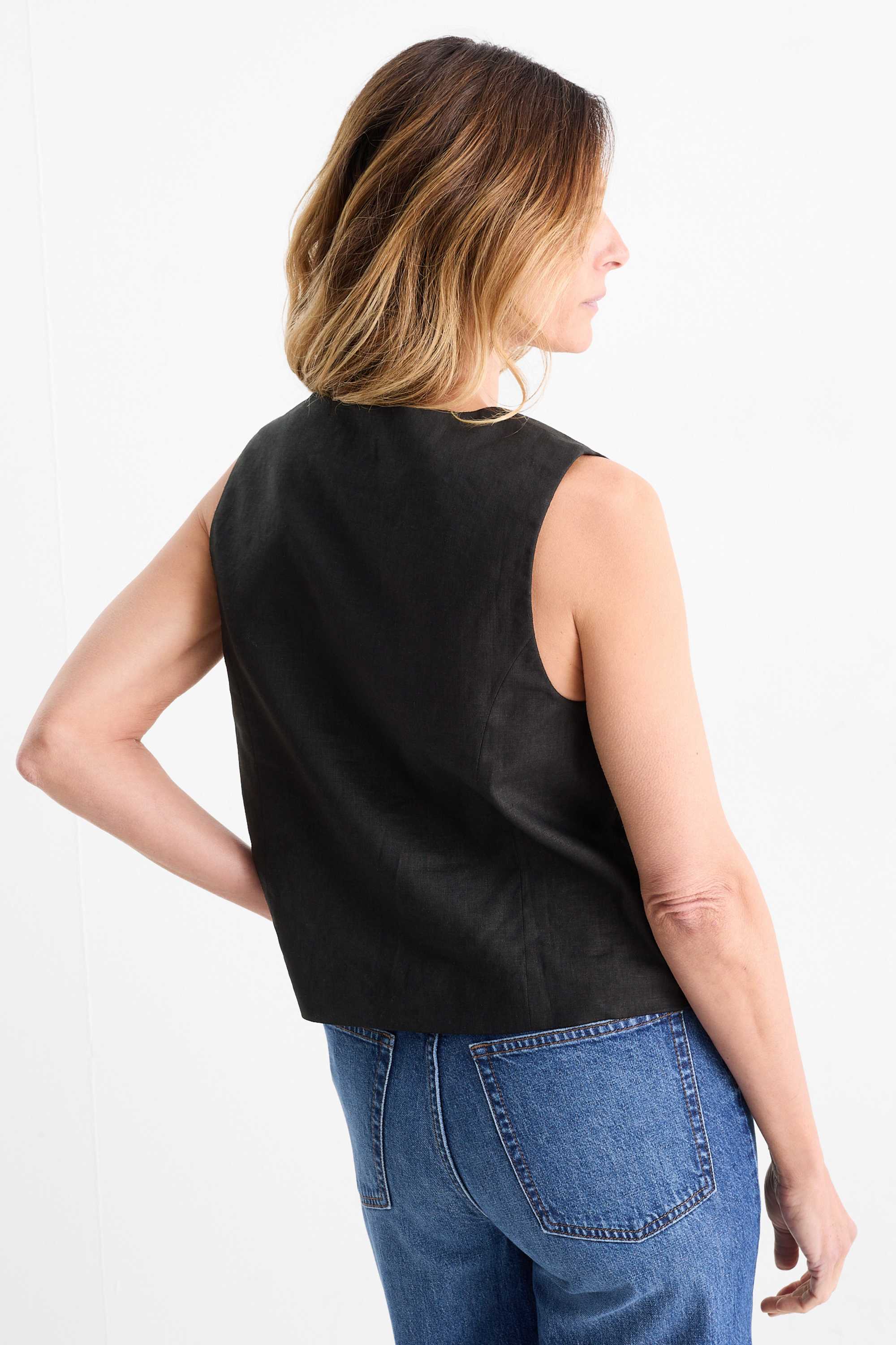Business waistcoat - fitted - linen blend black