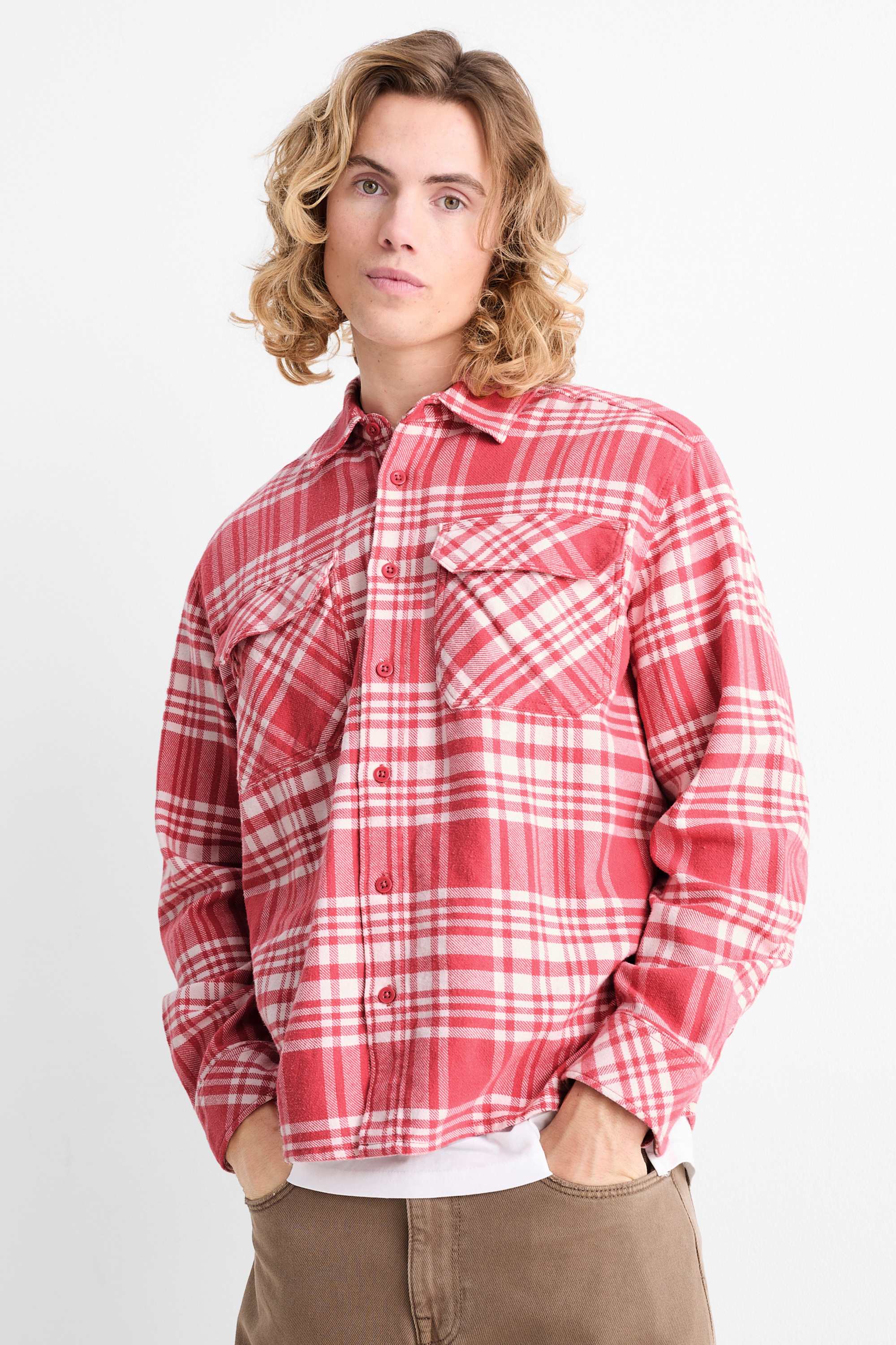 Flannel shirt - regular fit - kent collar - check pink