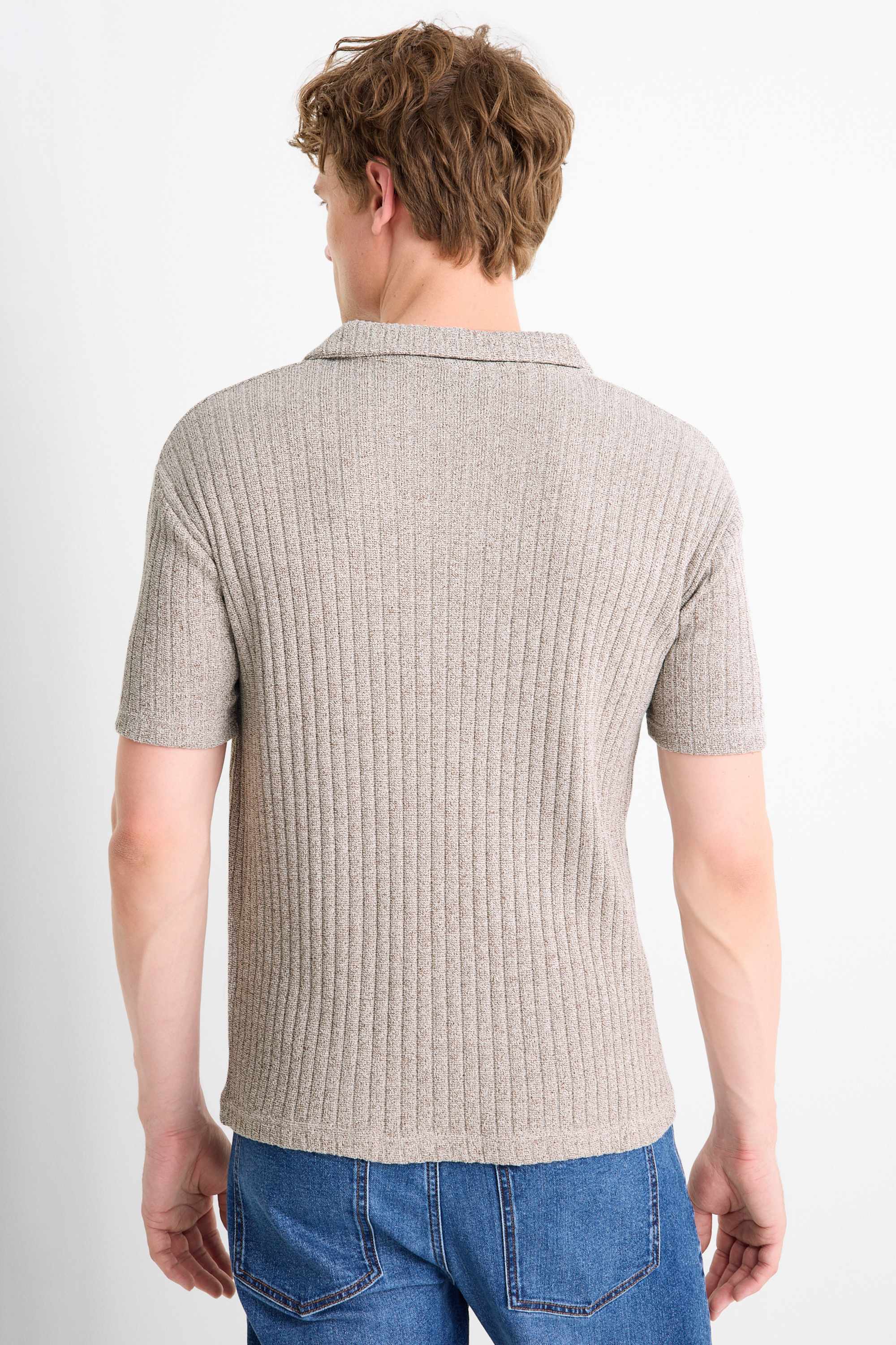 Knitted polo shirt - ribbed beige