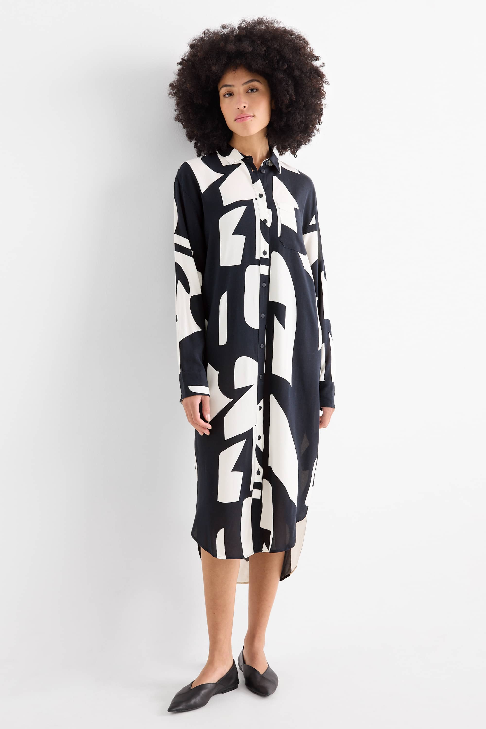 Viscose shirt dress - patterned dark blue / white