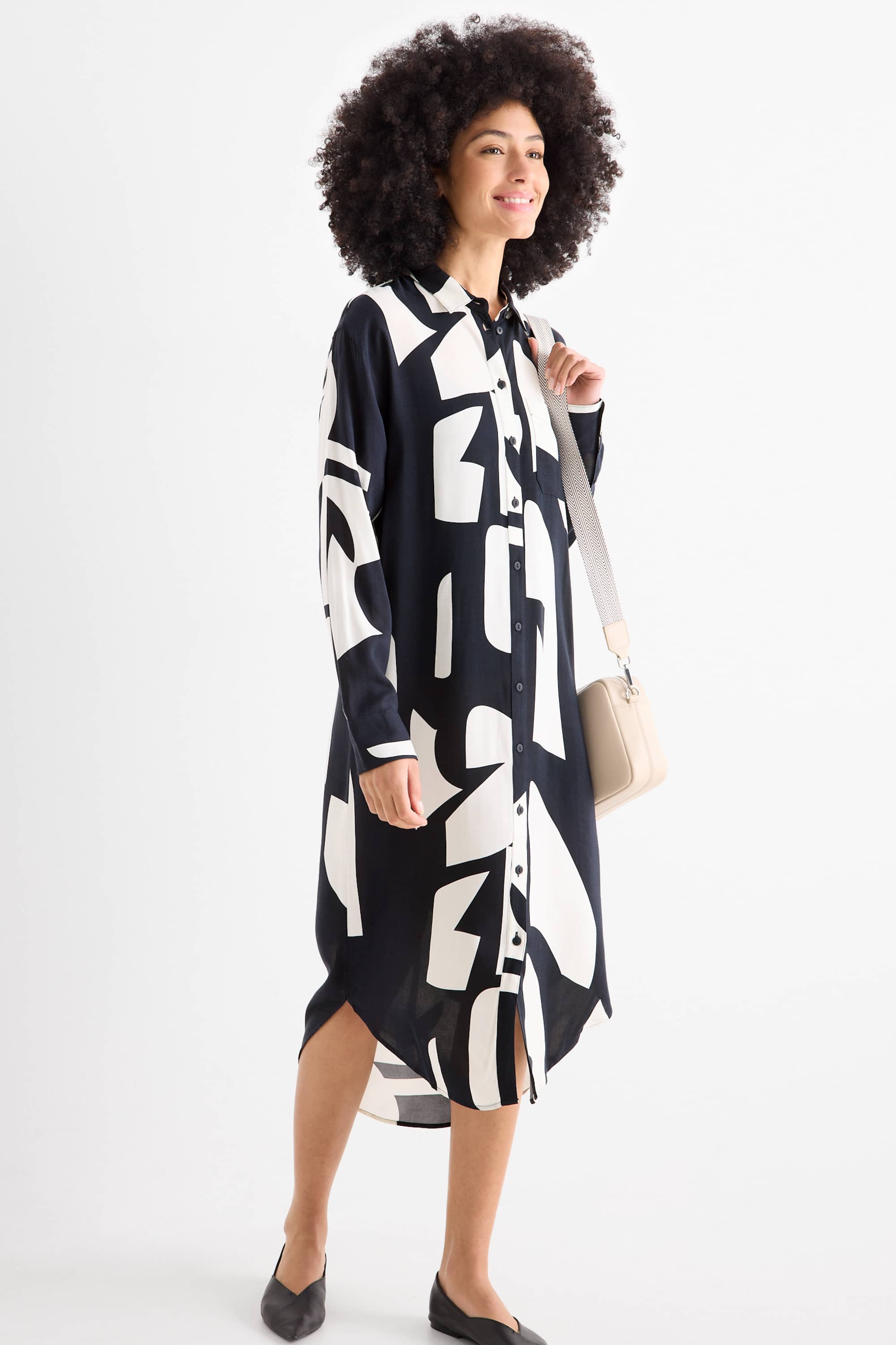 Viscose shirt dress - patterned dark blue / white