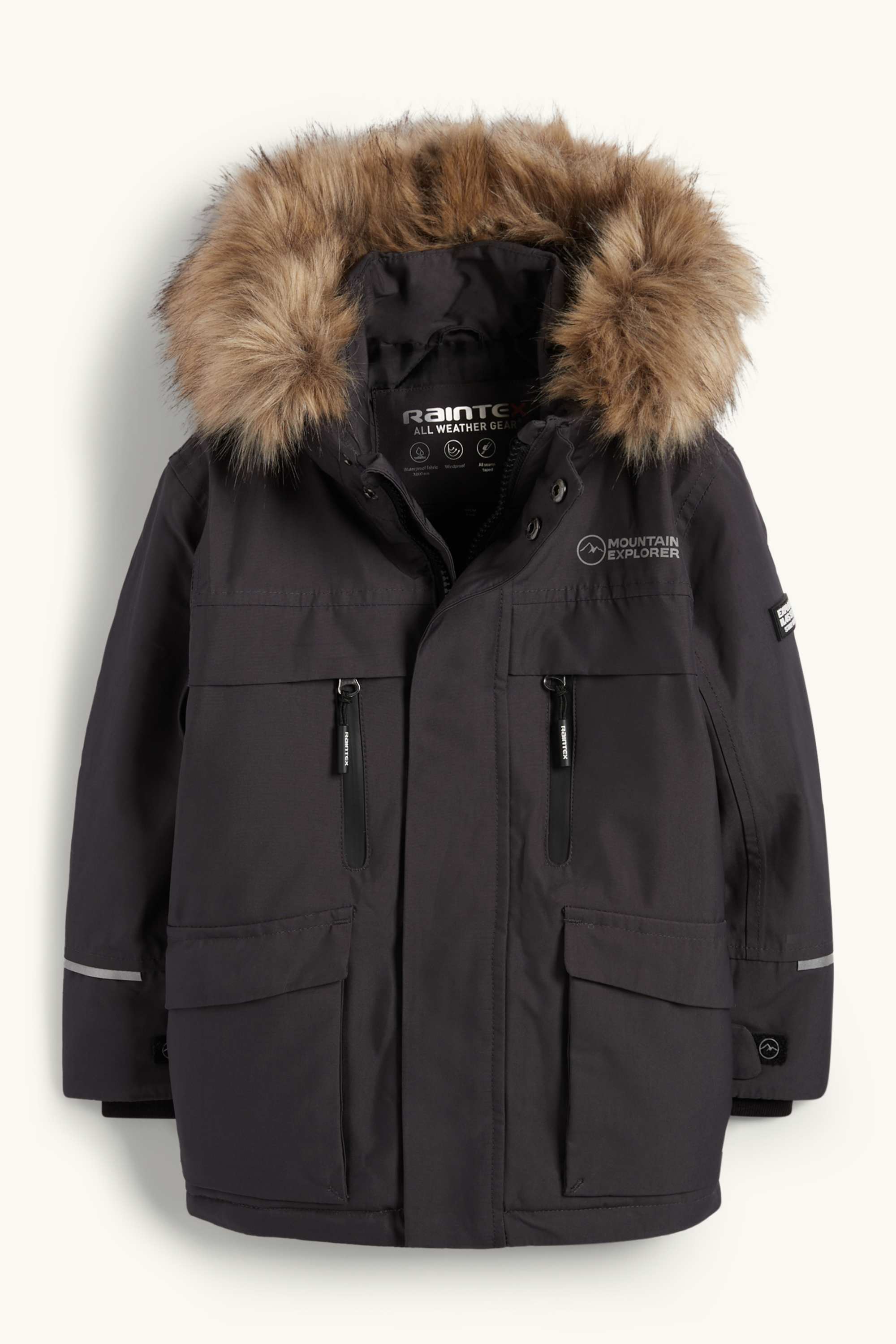 Rain jacket with hood and faux fur trim - lined dark gray