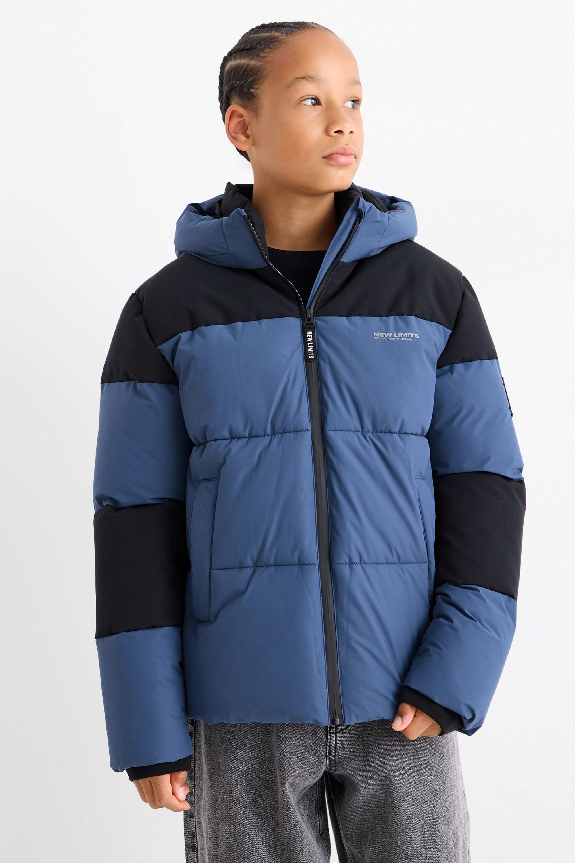 Quilted jacket with hood dark blue