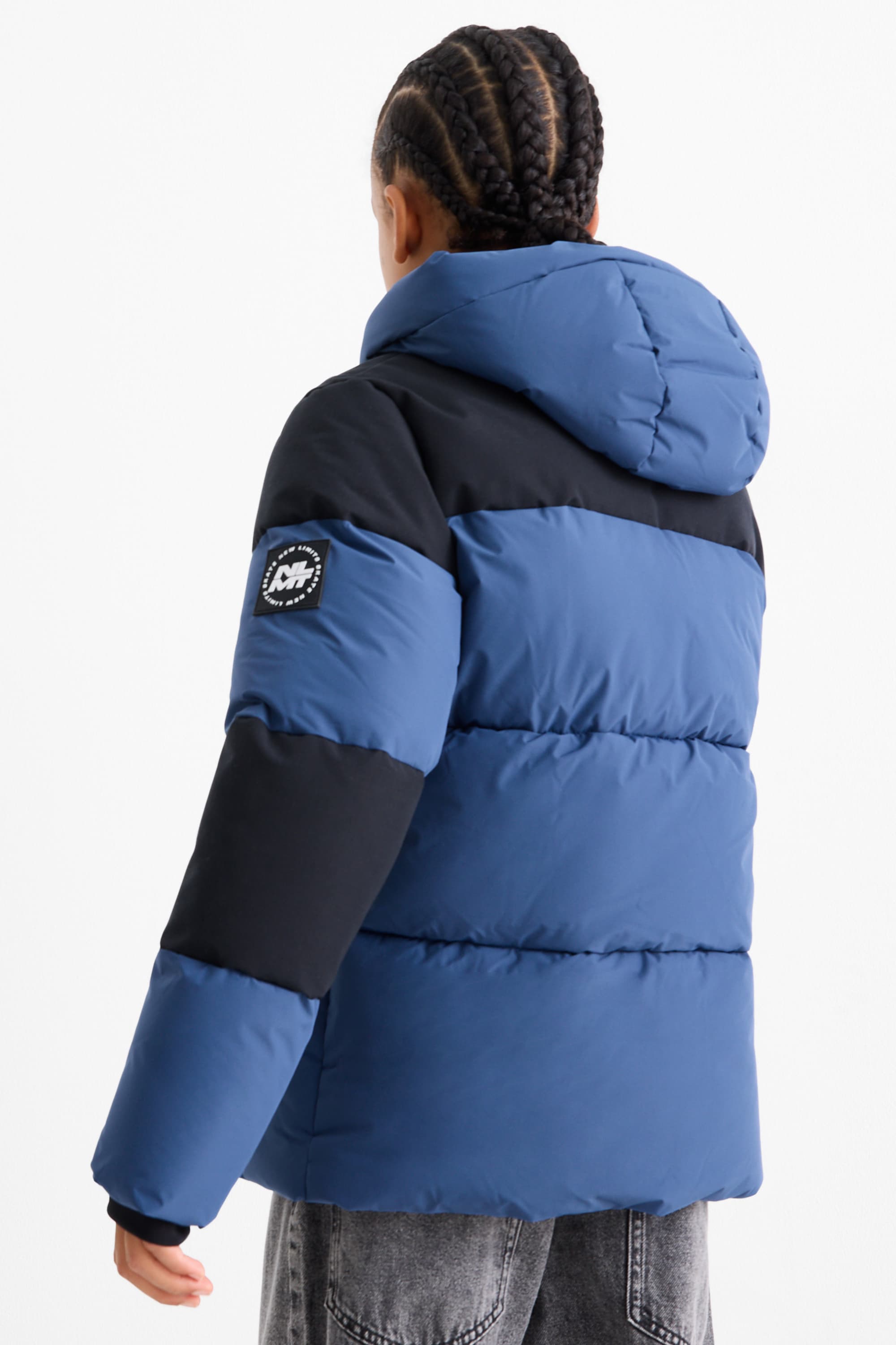 Quilted jacket with hood dark blue