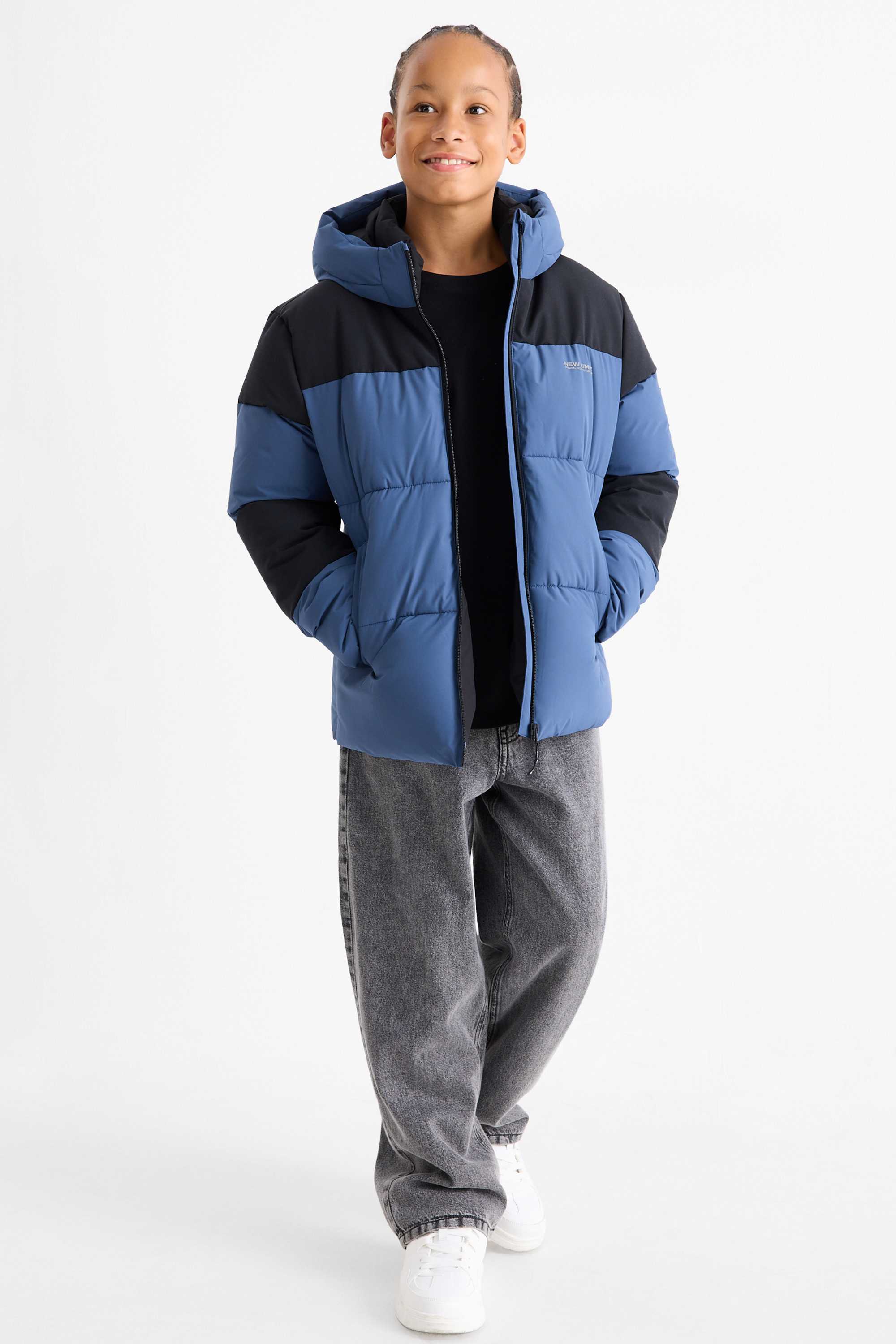 Quilted jacket with hood dark blue
