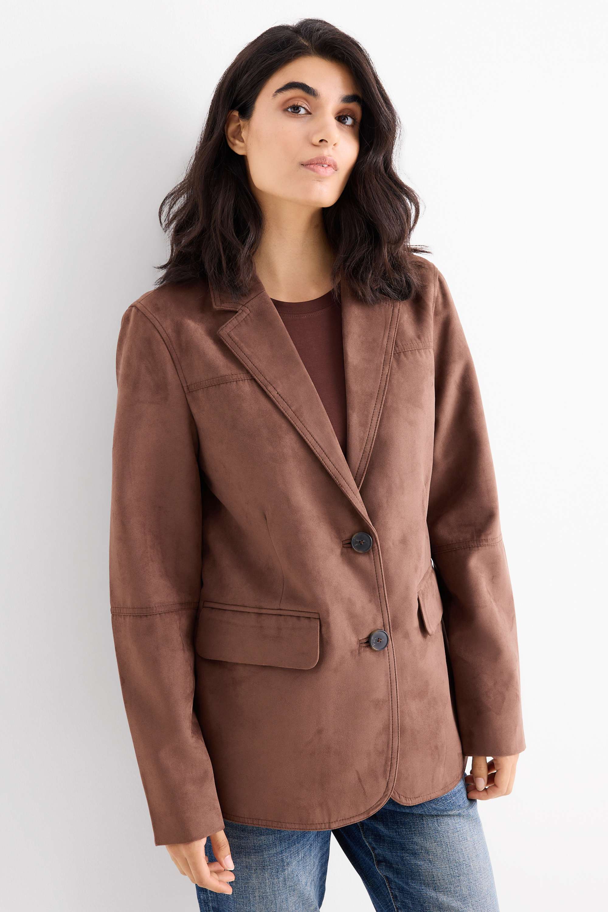 Long blazer - regular fit - faux suede light brown