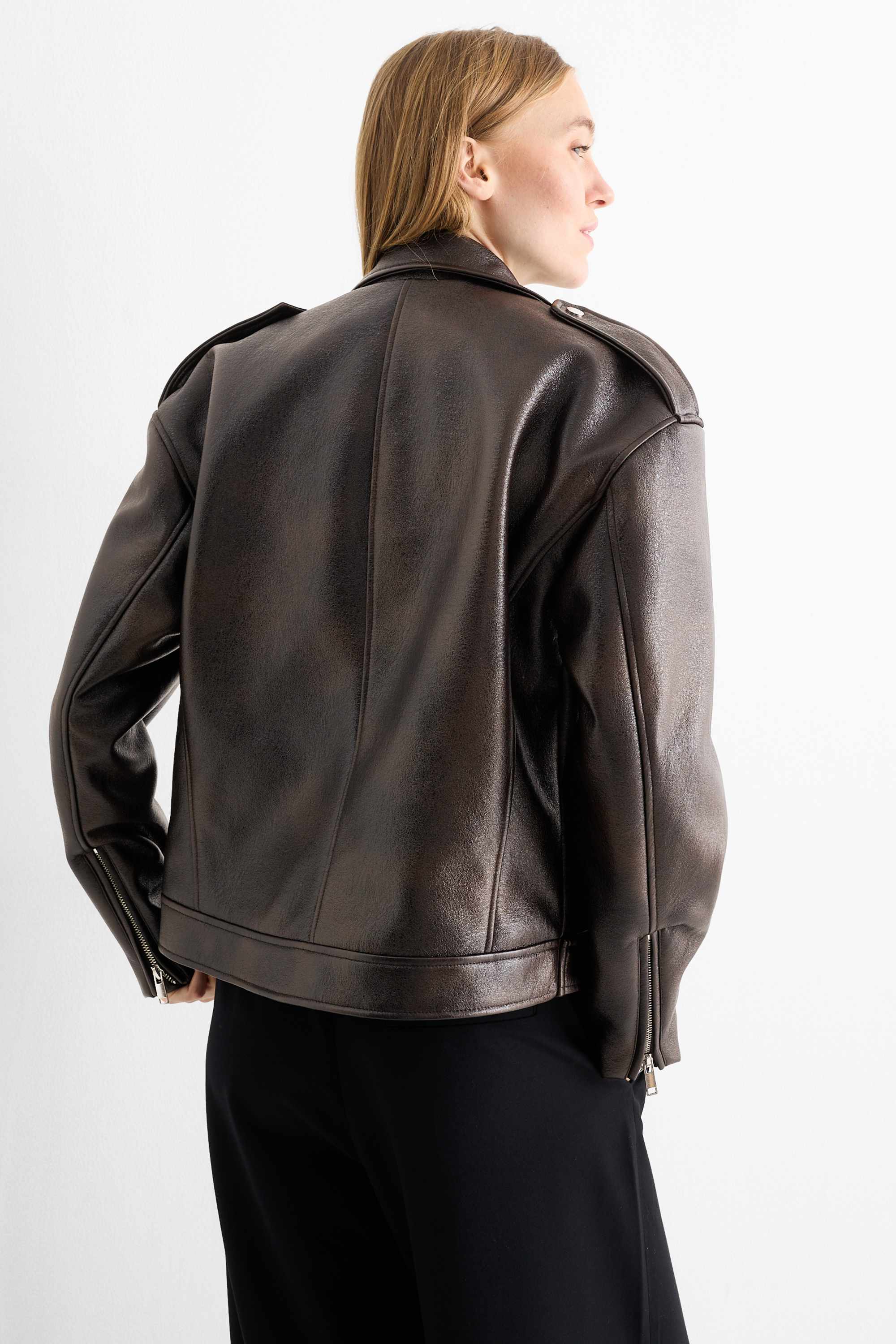 Biker jacket - faux leather dark brown
