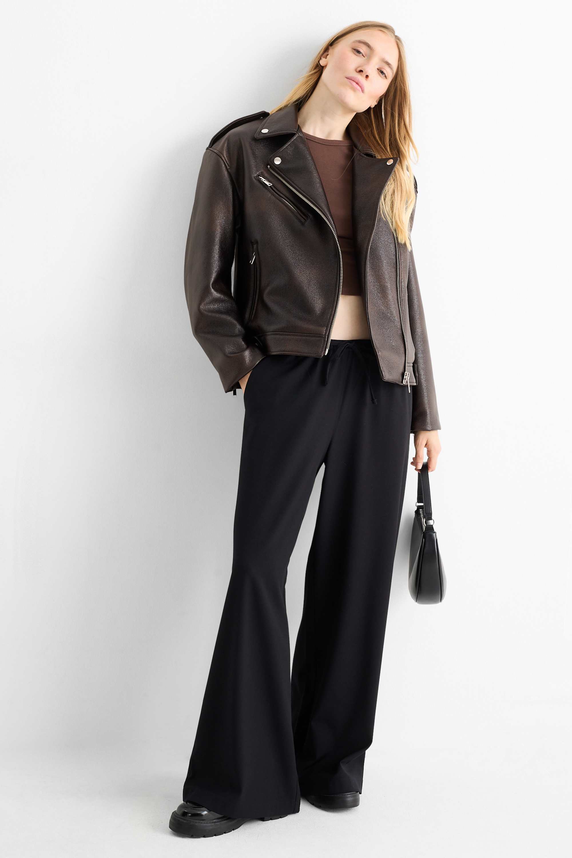Biker jacket - faux leather dark brown