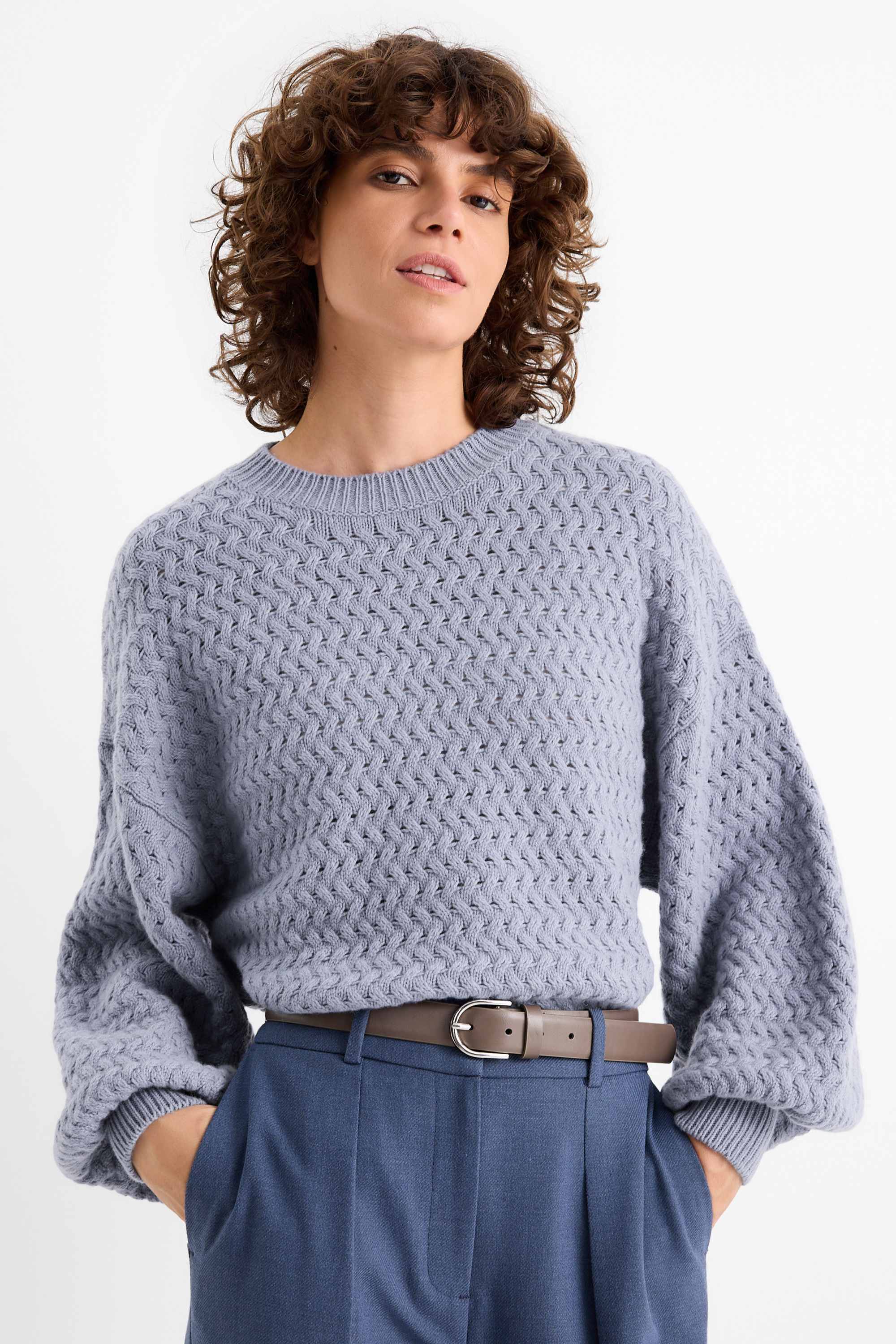 Cashmere jumper - cable knit pattern blue