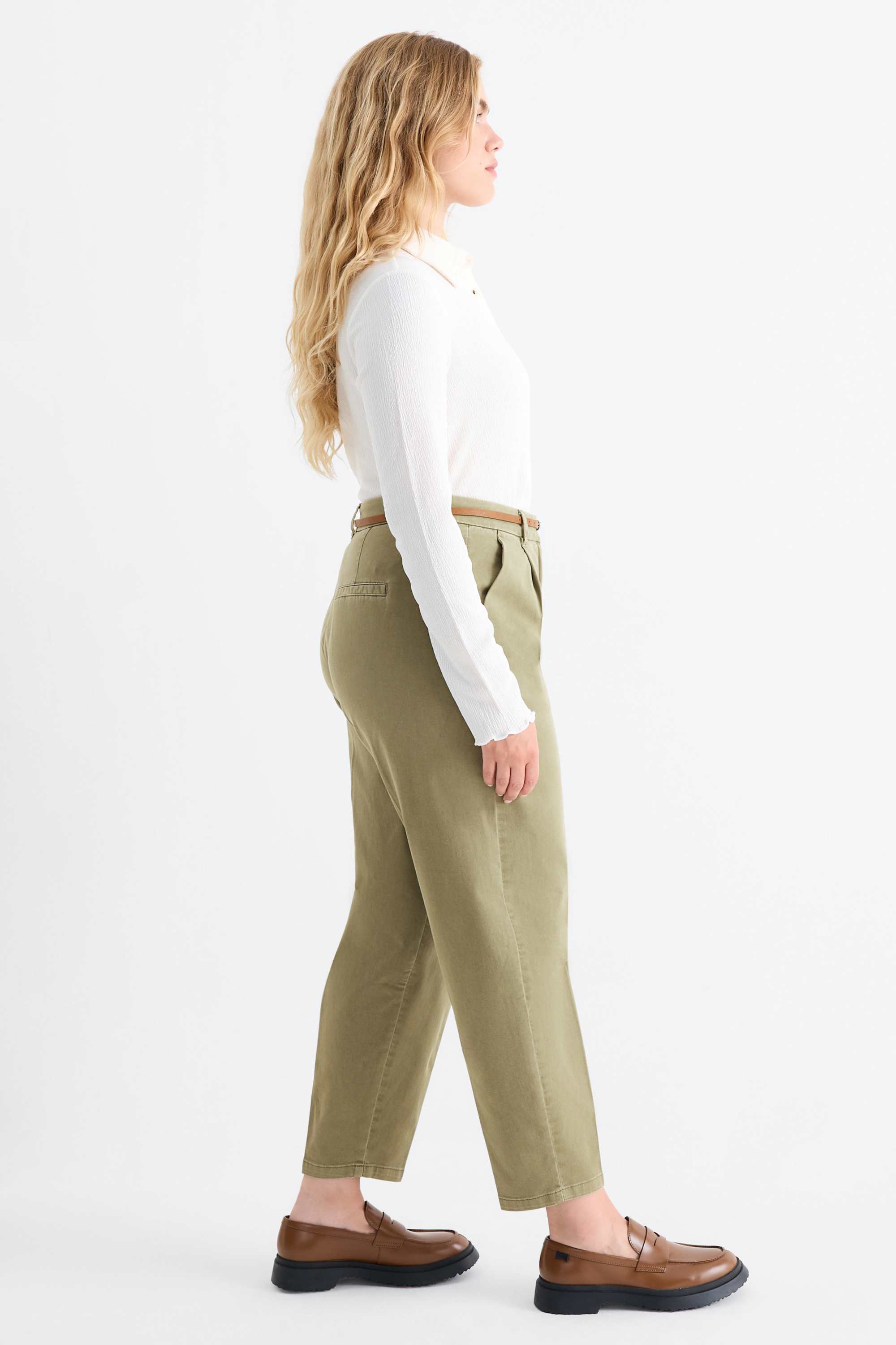 Cloth trousers with belt - high waist - barrel leg khaki