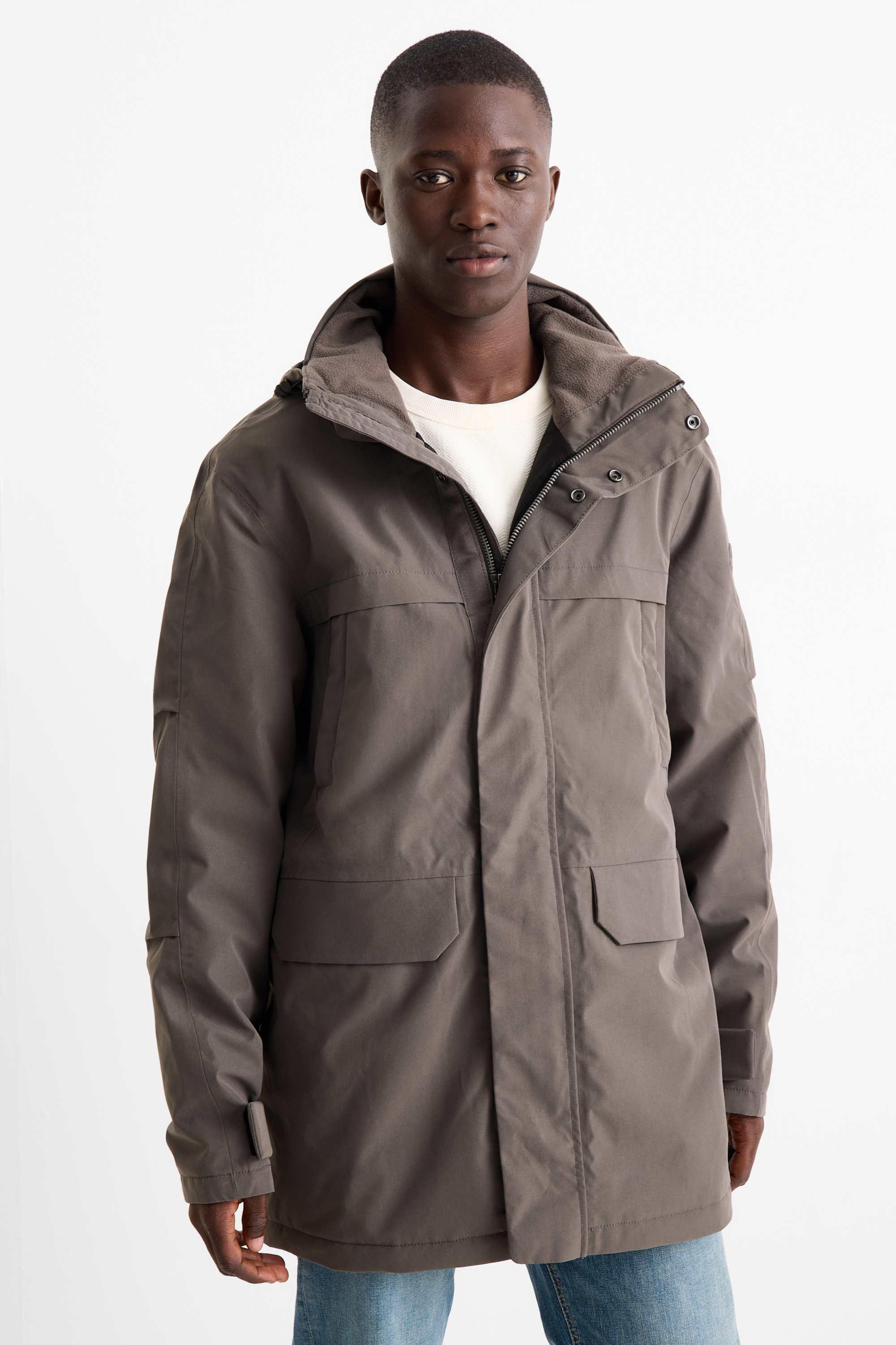 Parka raincoat with hood - lined - waterproof dark gray