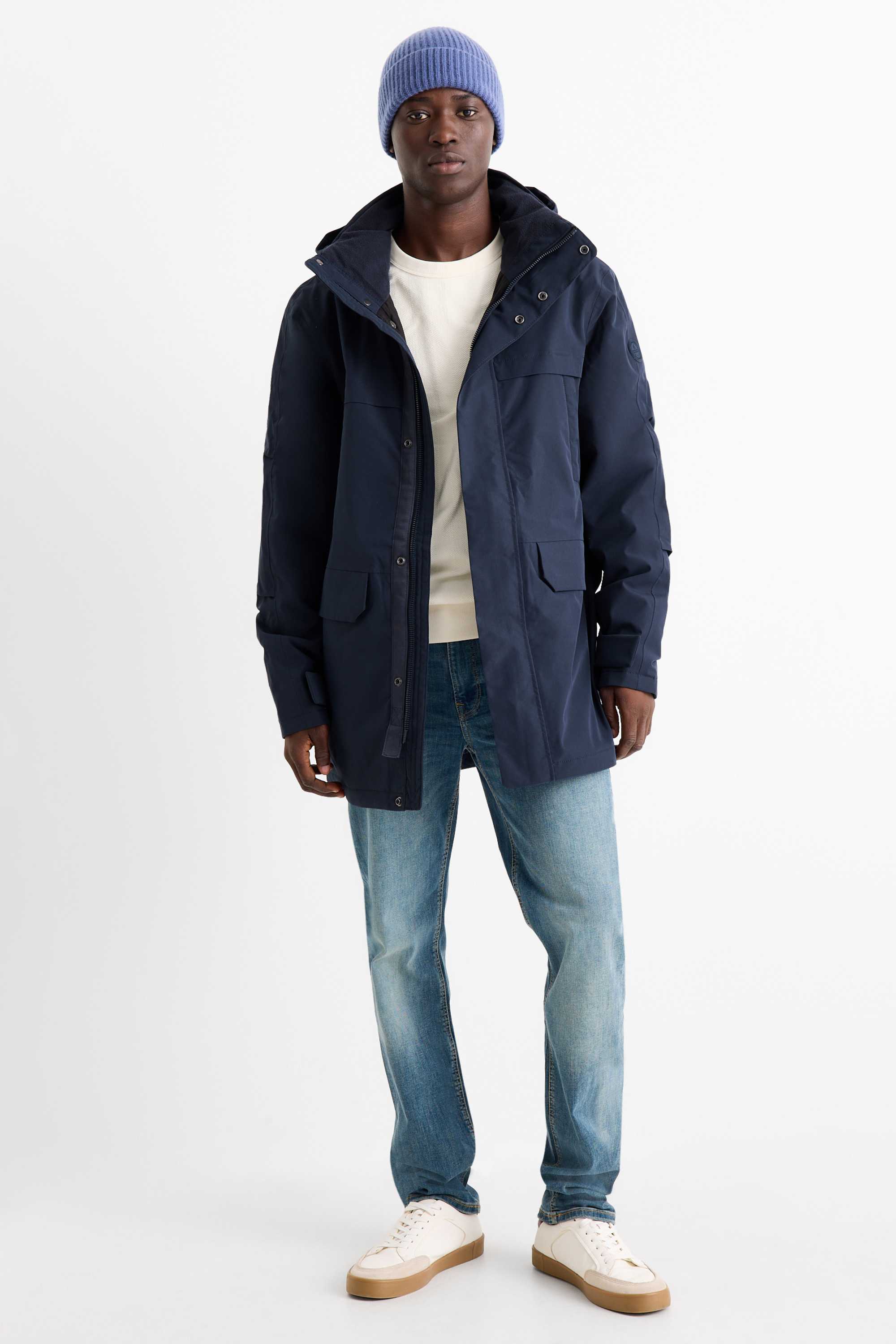 Parka raincoat with hood - lined - waterproof dark blue
