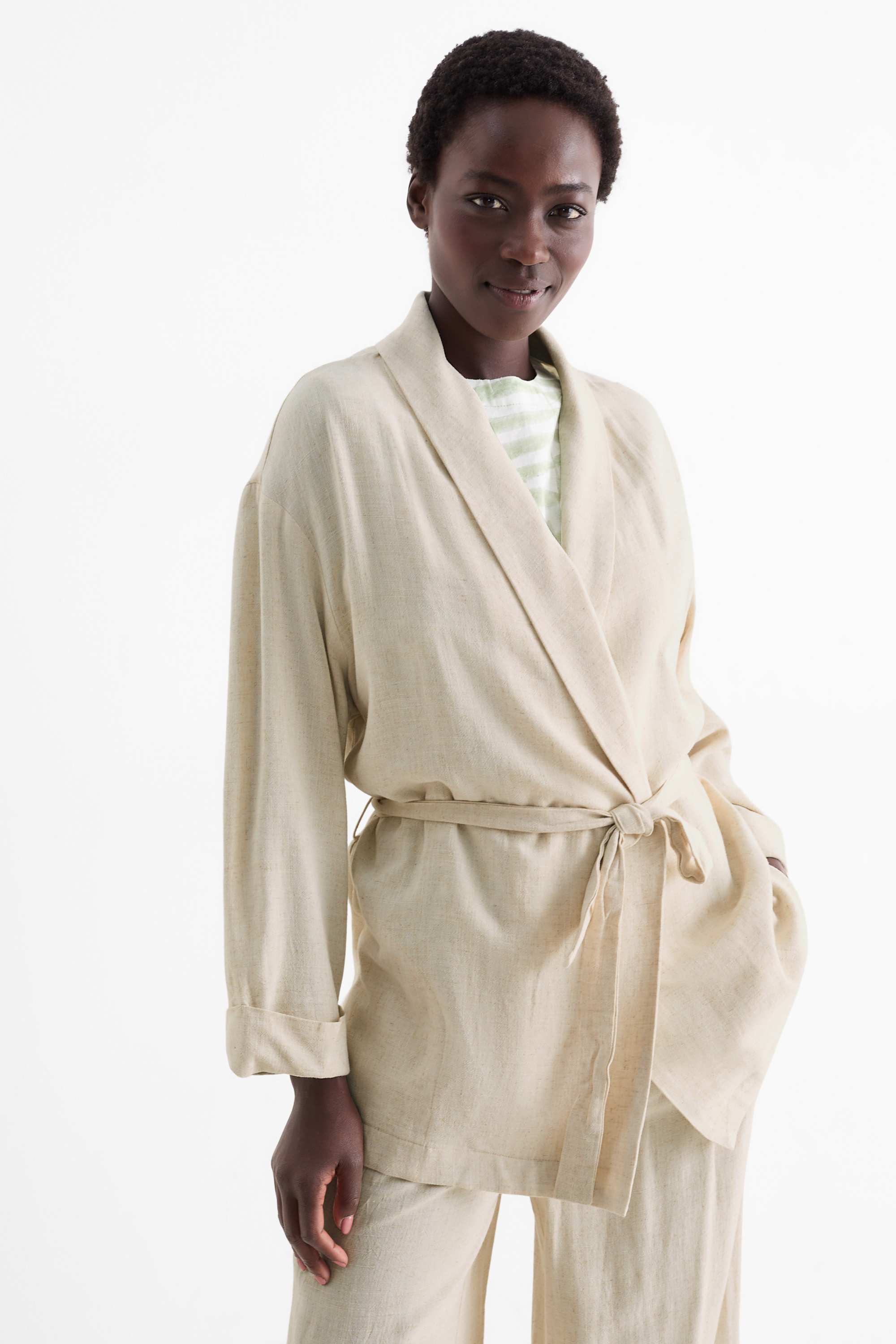 Long blazer with linen content - relaxed fit light beige